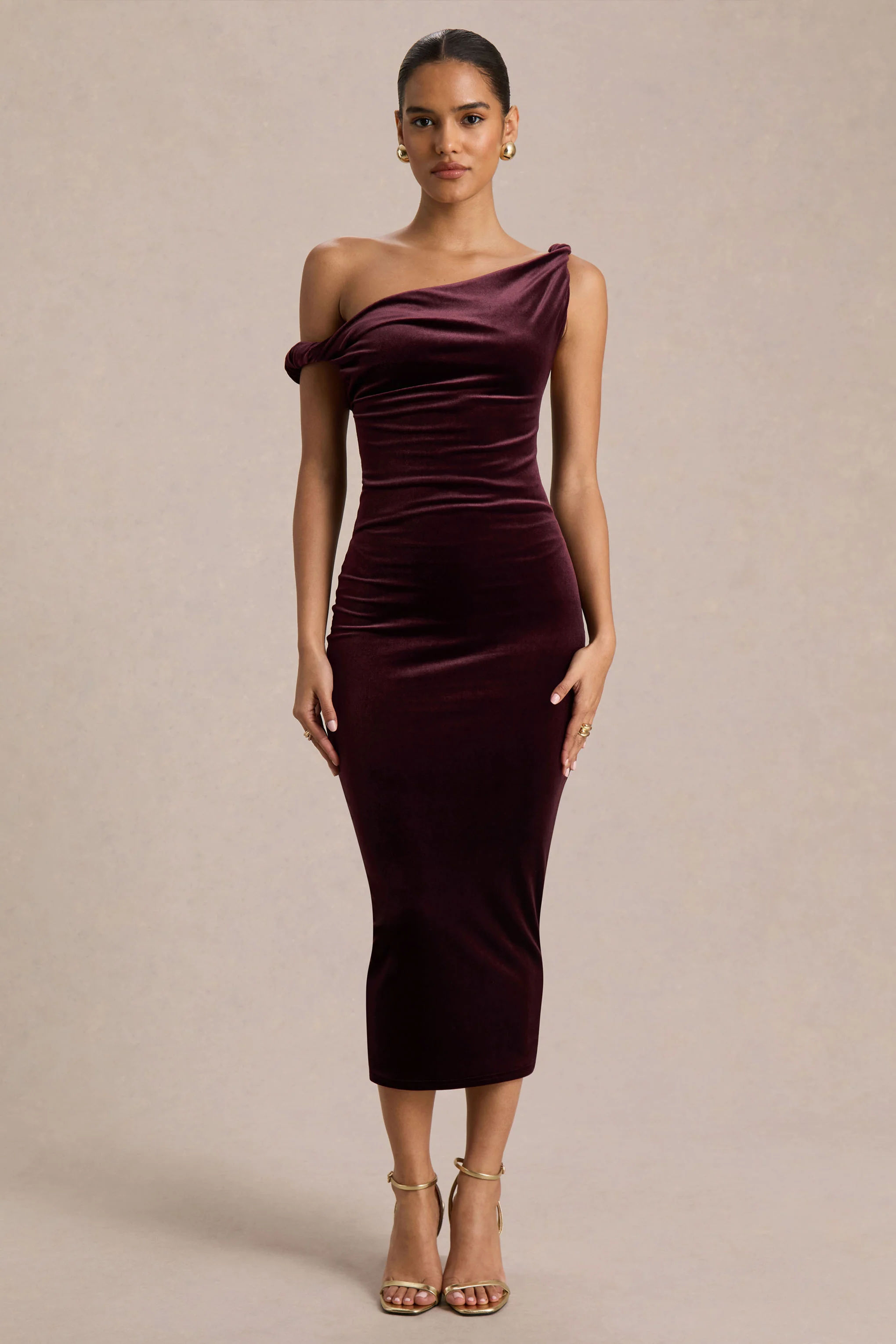 Carella | Burgundy Velvet Twisted Asymmetric Midi Dress