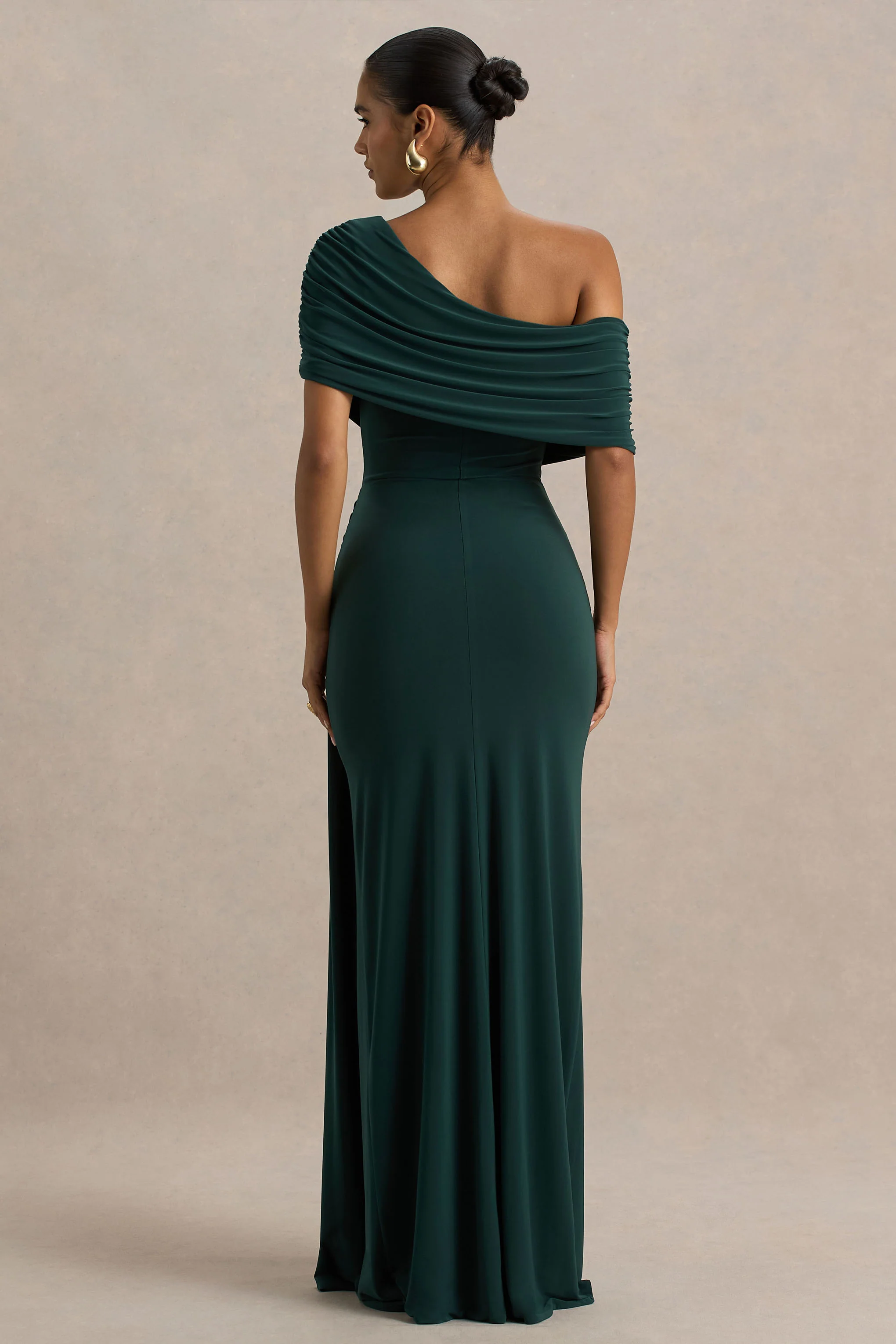 Dynasty | Dark Green Asymmetric-Neck Maxi Dress With Ruched Detailing And Front High-Split