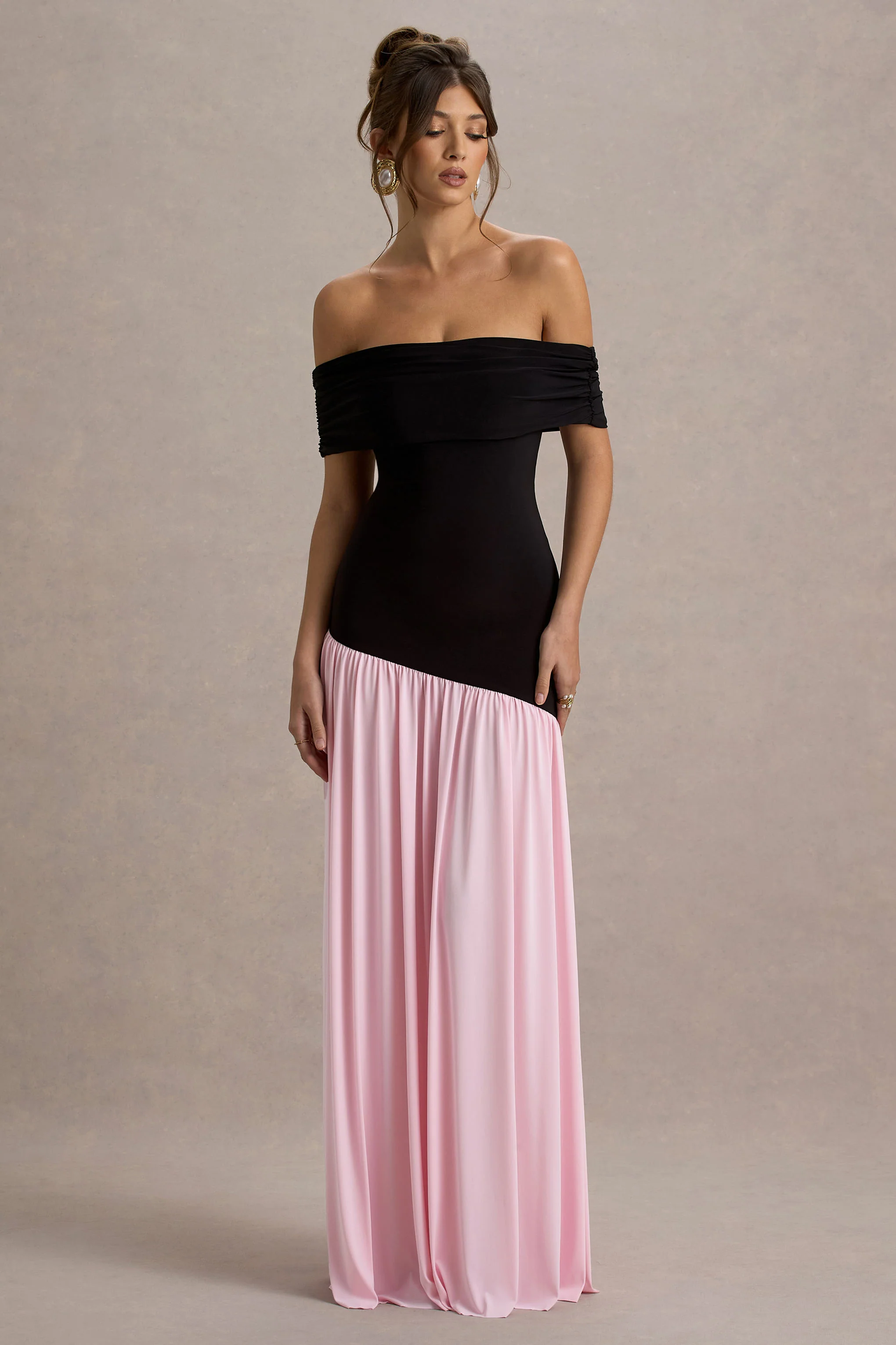 Venezia | Black & Pink Bardot Maxi Dress With Drop-Waist
