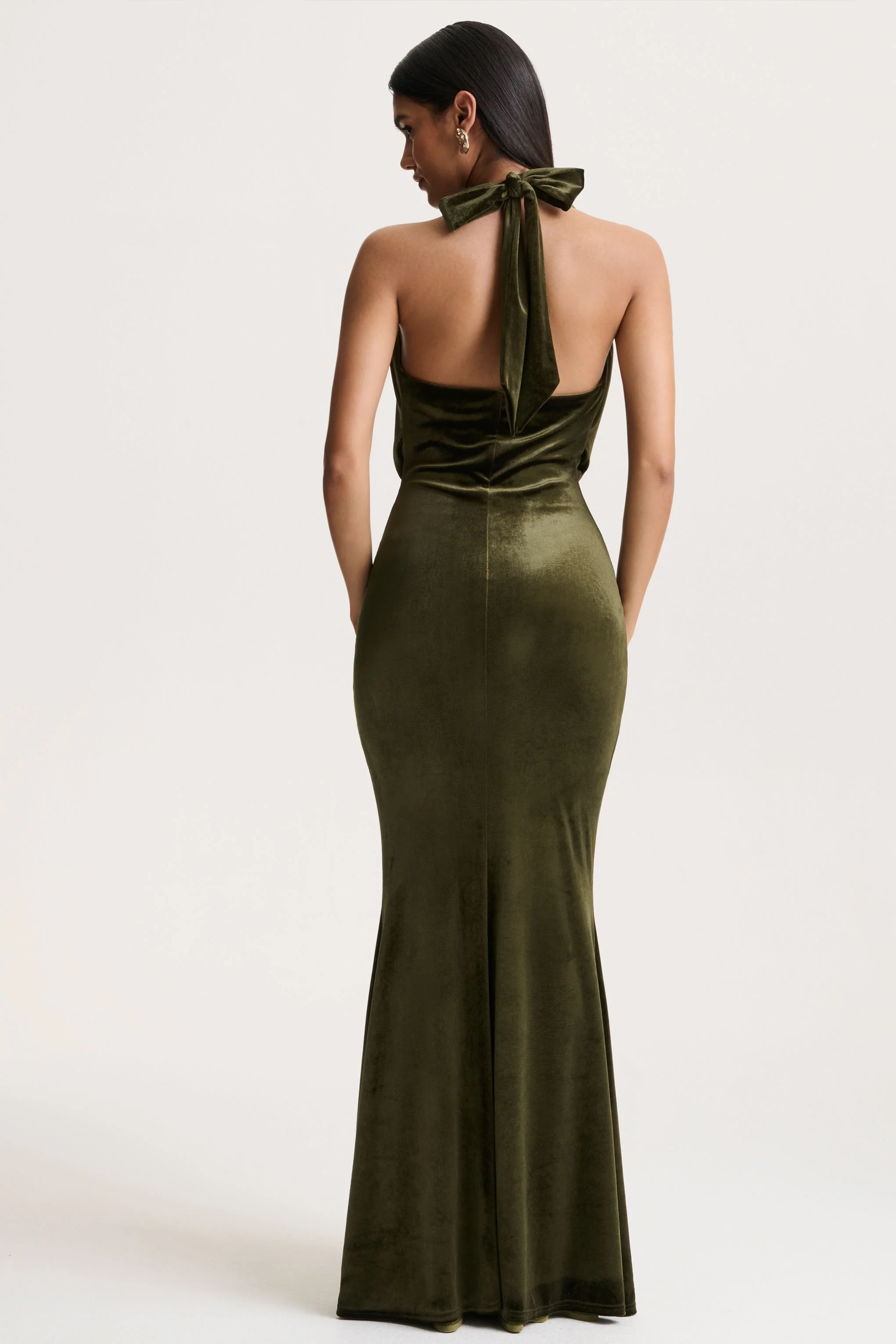Lavernia | Olive Velvet Halter-Neck Maxi Dress With Gathered-Detailing