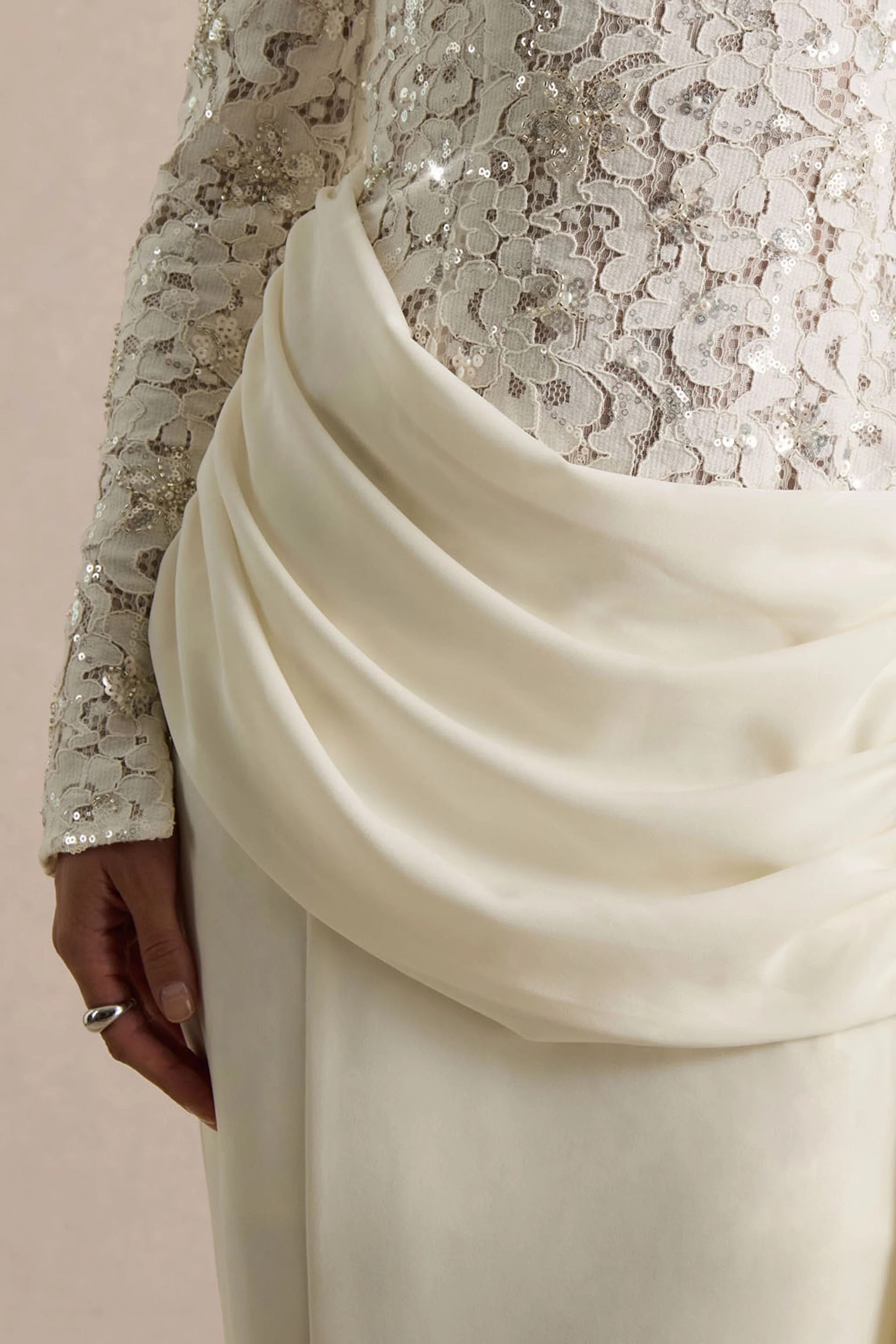 Beau | Ecru Lace Embellished Crew-Neck Maxi Dress With Draped Detail