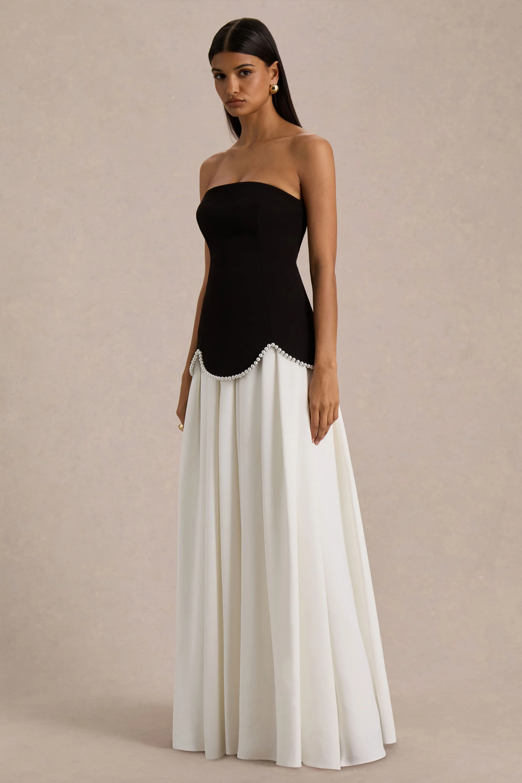 Wendy | Black And White Maxi Dress With Drop-Waist And Pearl Embellishment