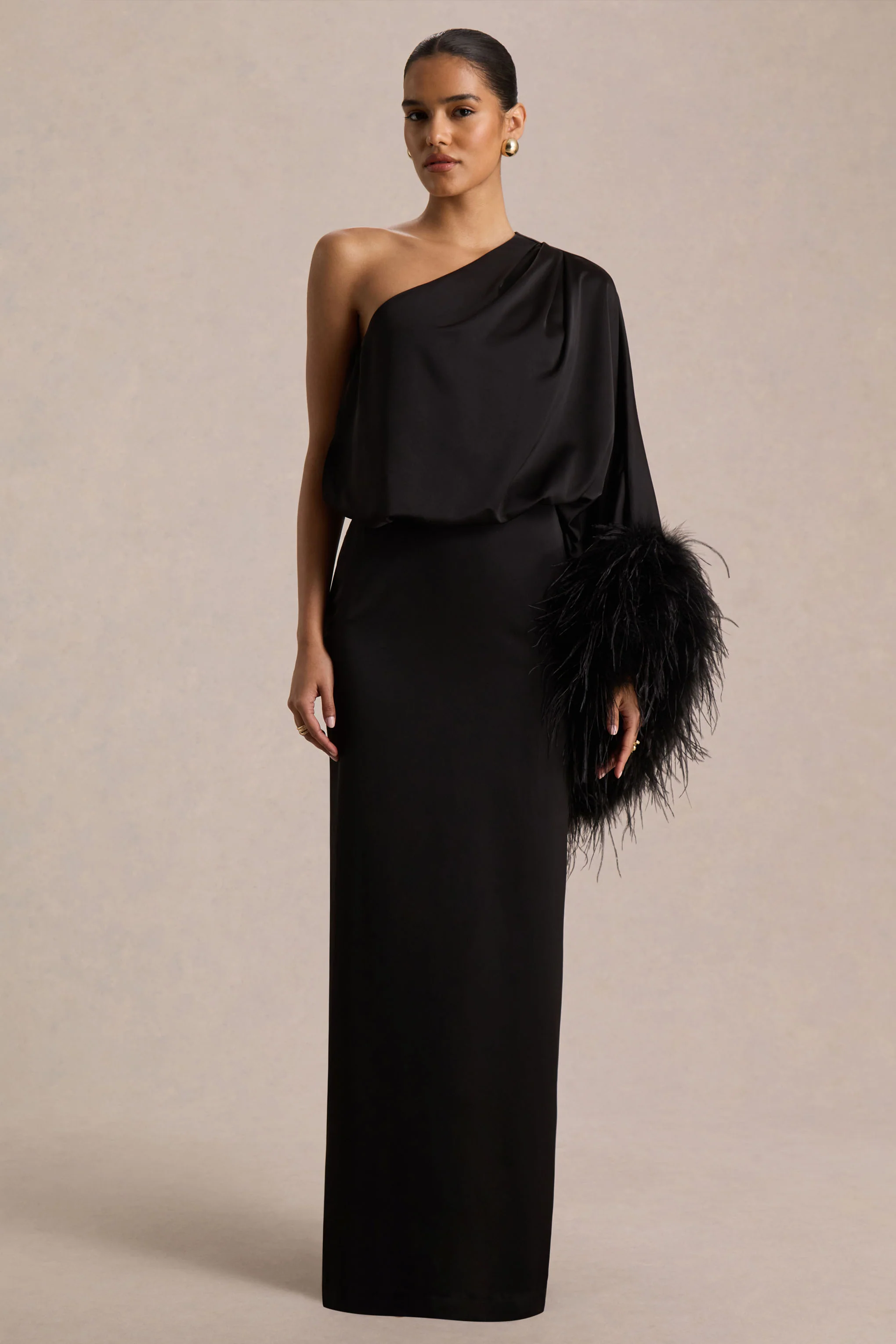 Felicity | Black Satin Asymmetric-Neck Maxi Dress With Feather Detailing