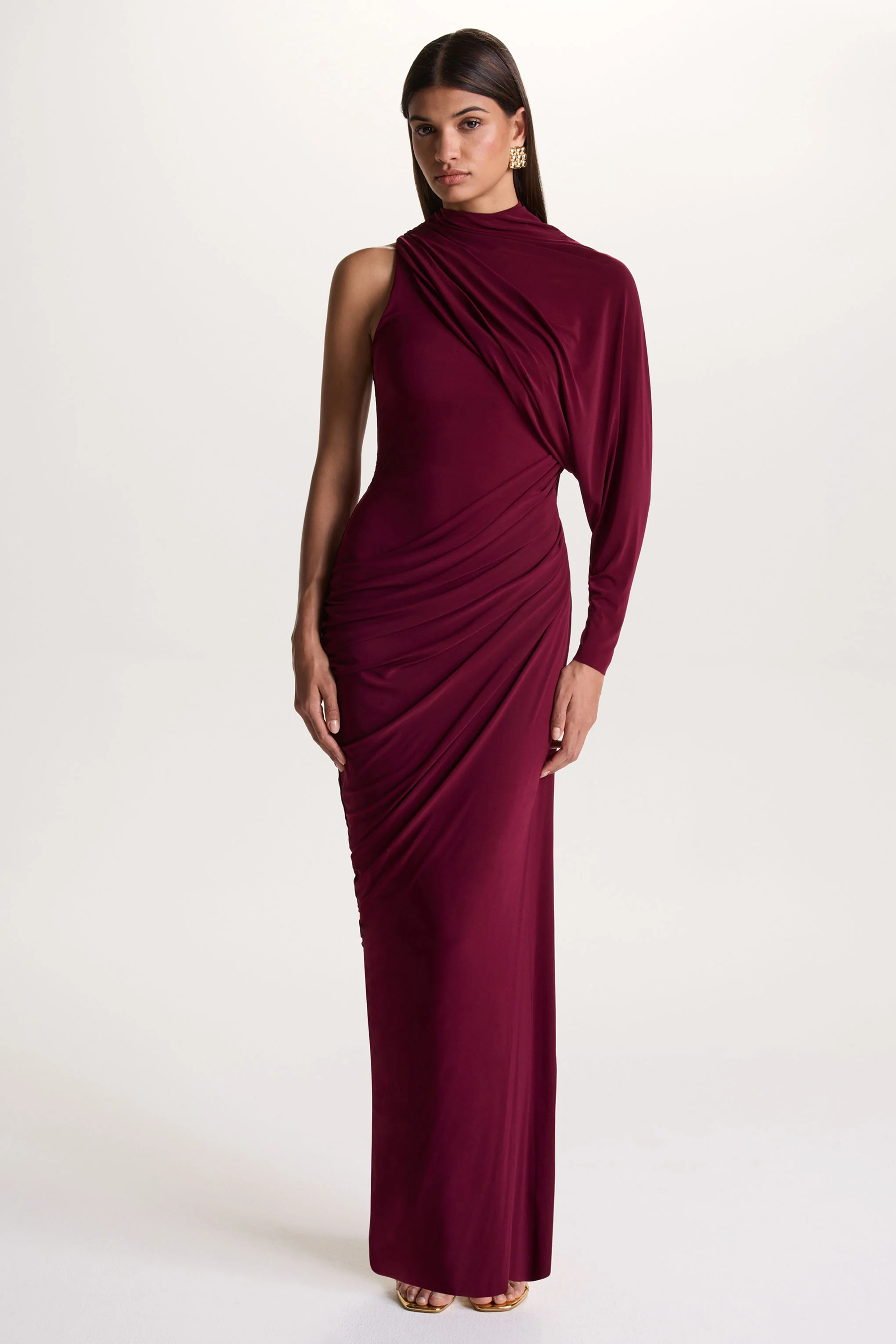 Aphra | Burgundy High-Neck Maxi Dress With Cape-Sleeve