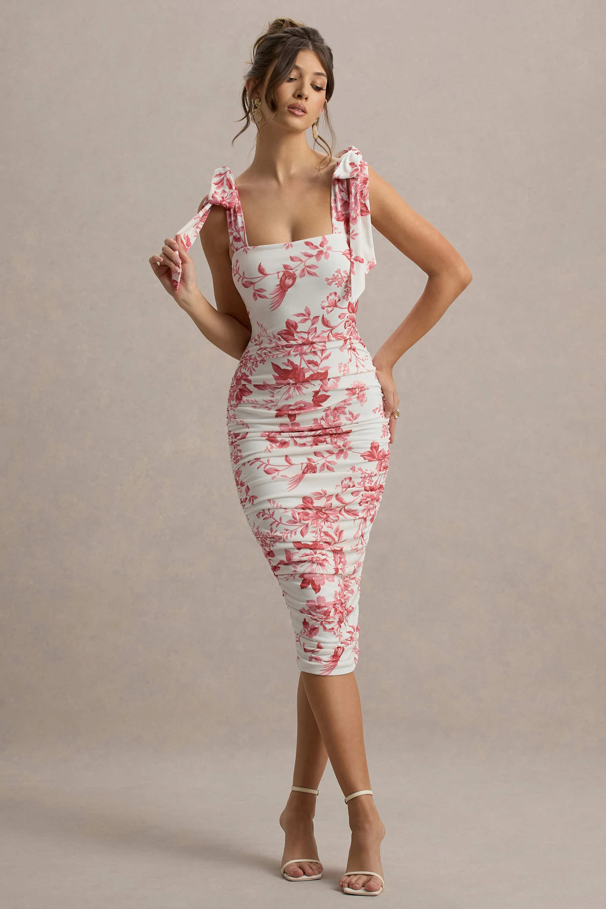 Cordelia | Pink Porcelain Print Bodycon Midi Dress With Bow Straps