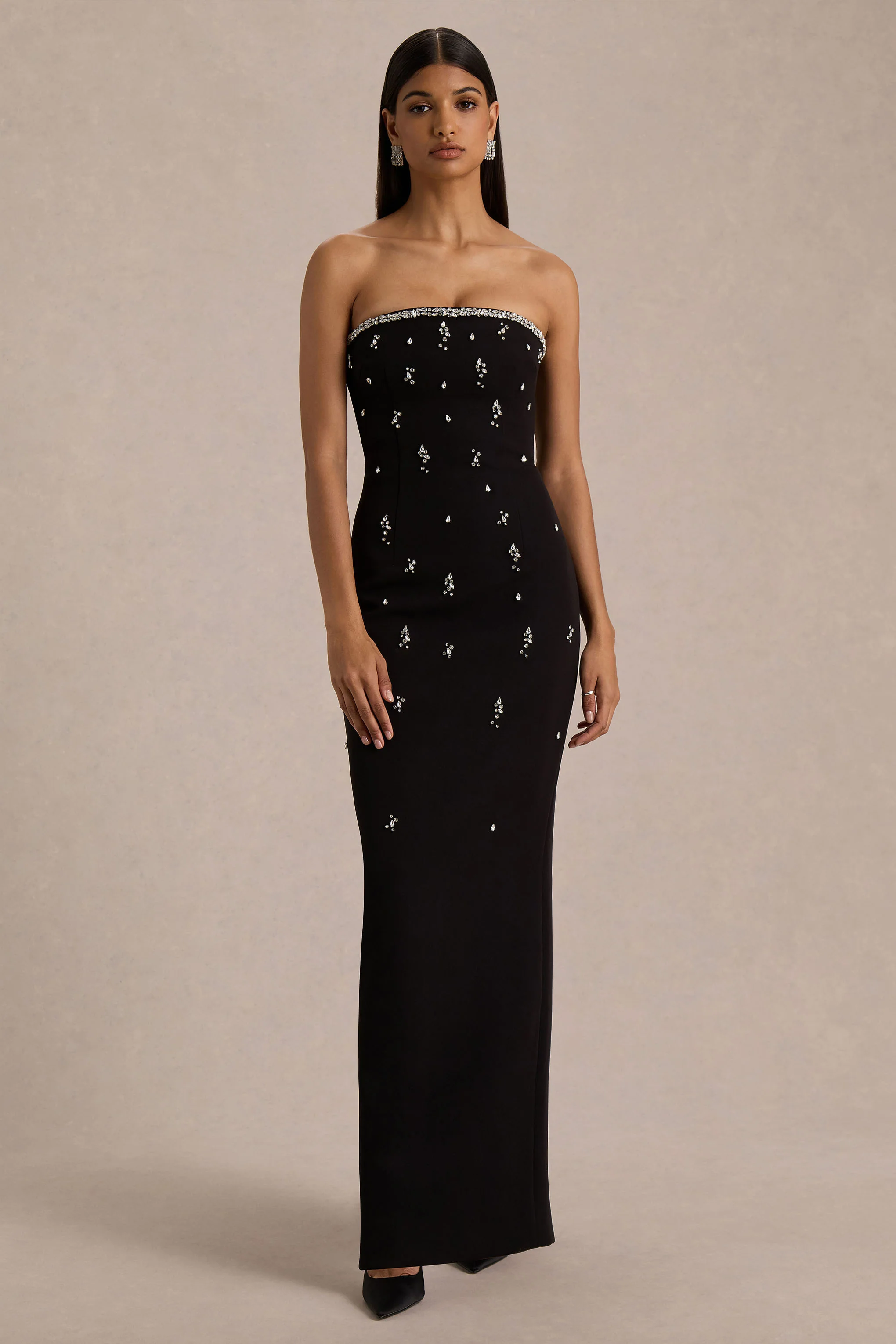 Rominia | Black Bandeau Hand-Embellished Maxi Dress