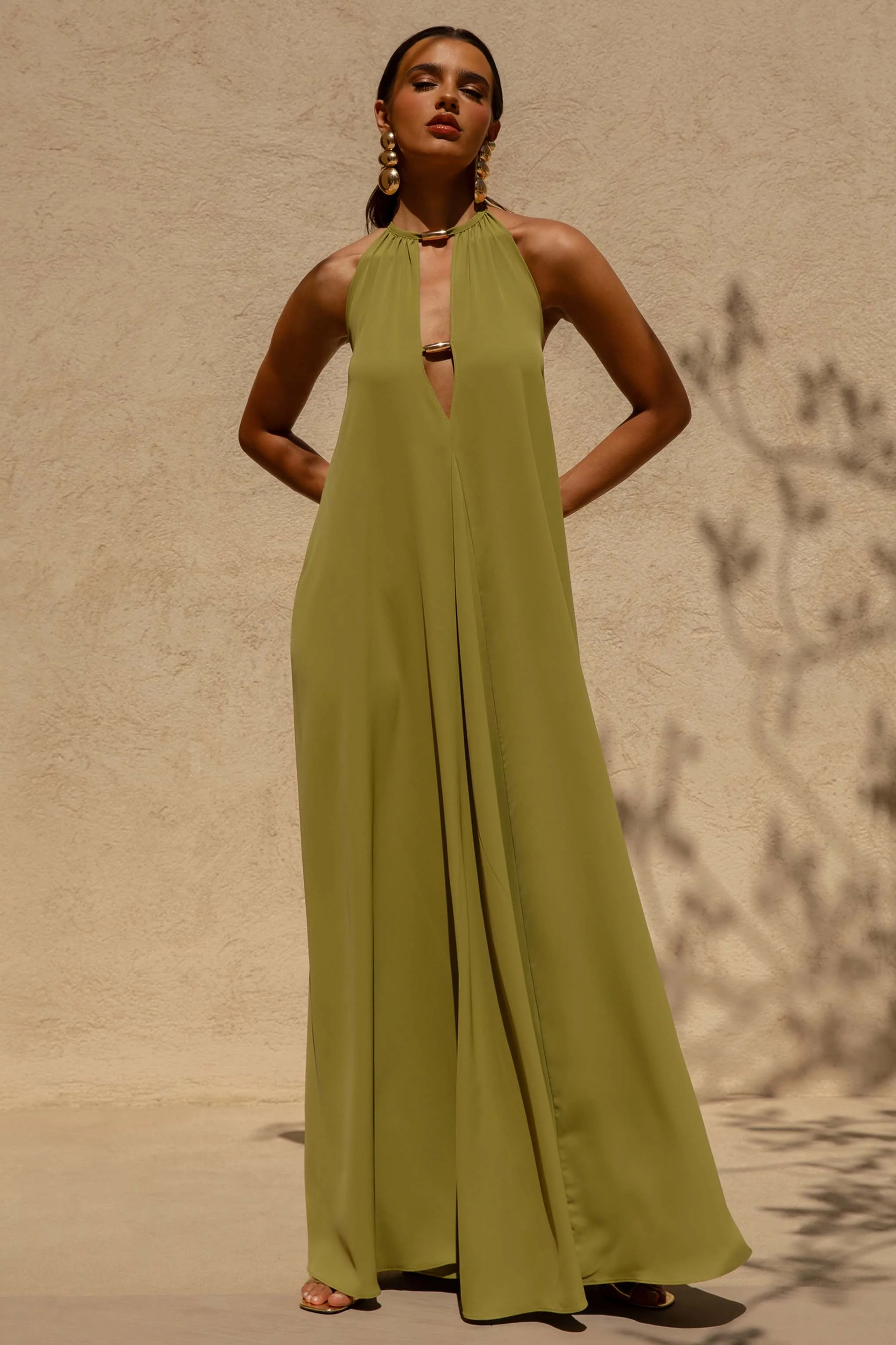 Zyon | Green High-Neck Maxi Dress with Cut-Out Details