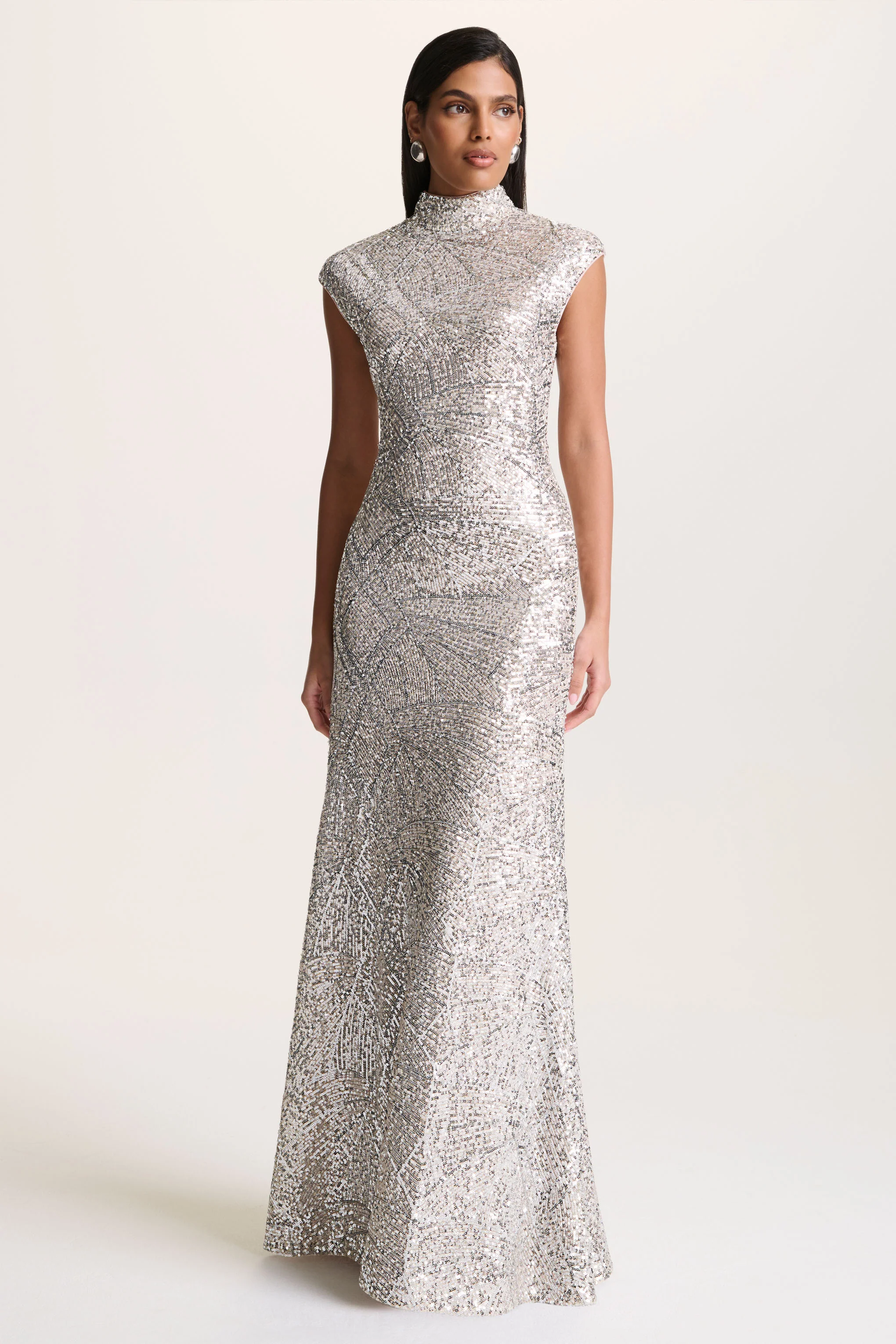 Cecy | Silver Sequin High-Neck Maxi Dress With Cap Sleeves