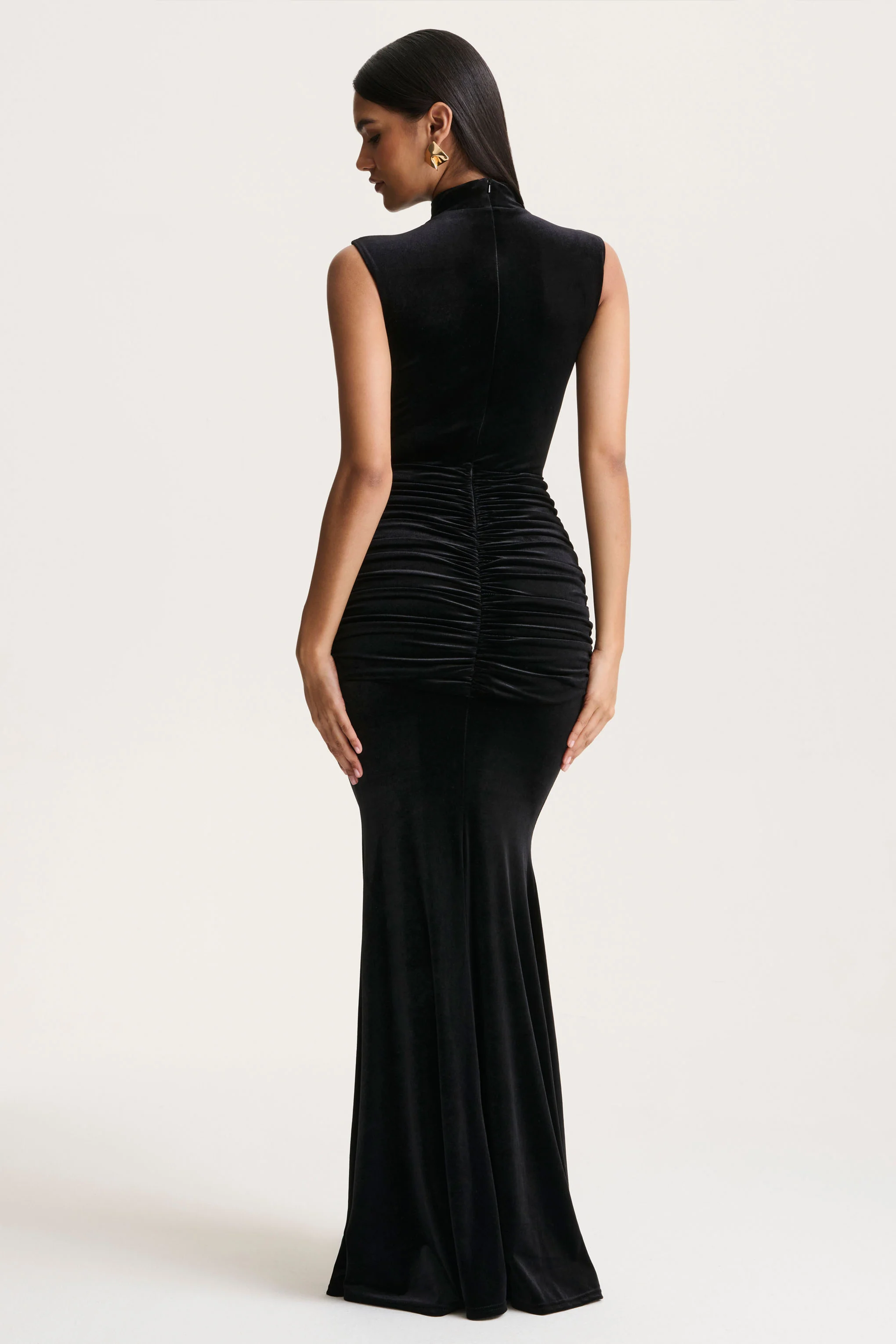 Idalina | Black Velvet High-Neck Maxi Dress With Gathered-Detailing