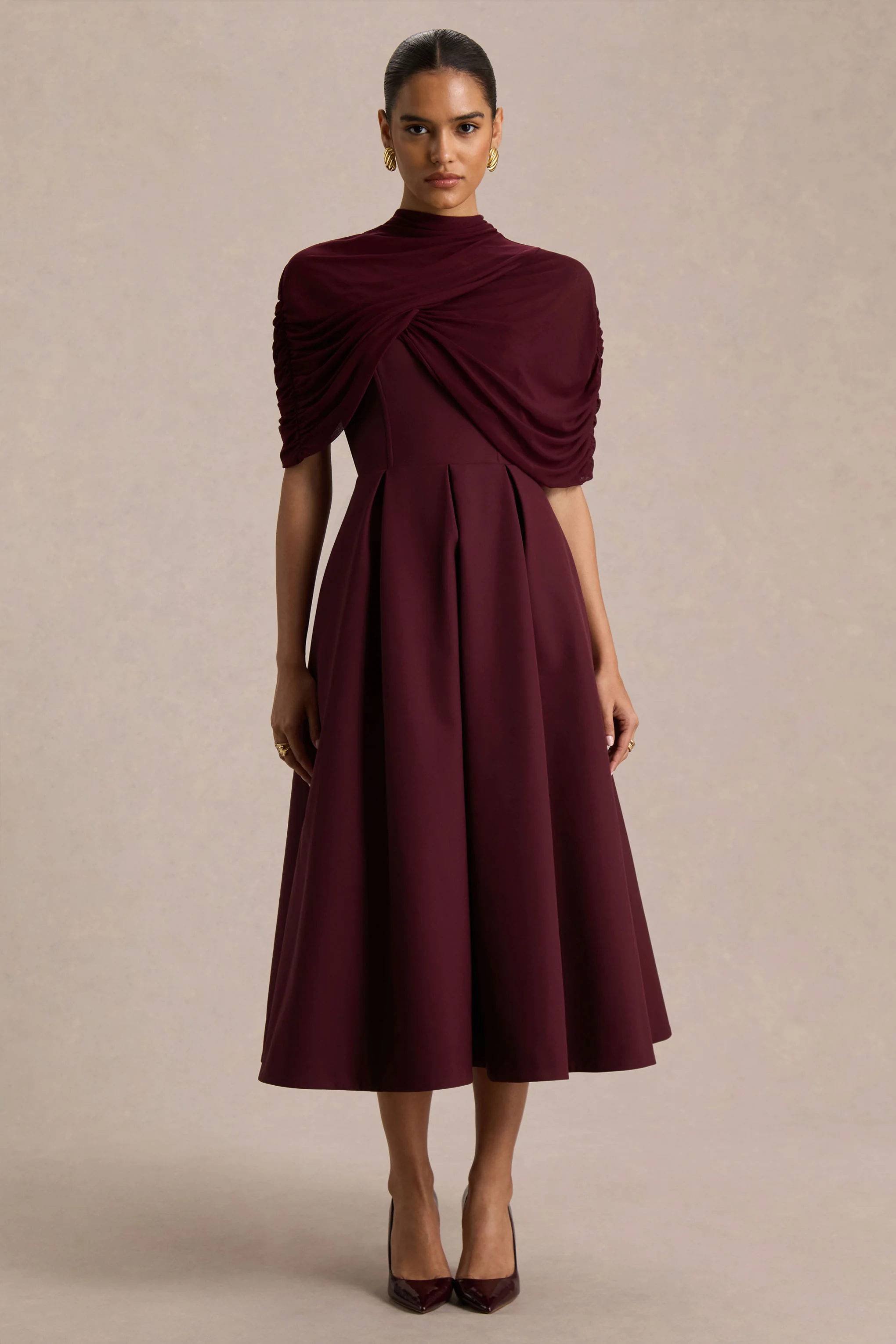 Thalia | Burgundy High-Neck Midi Dress With Sheer Mesh Cape