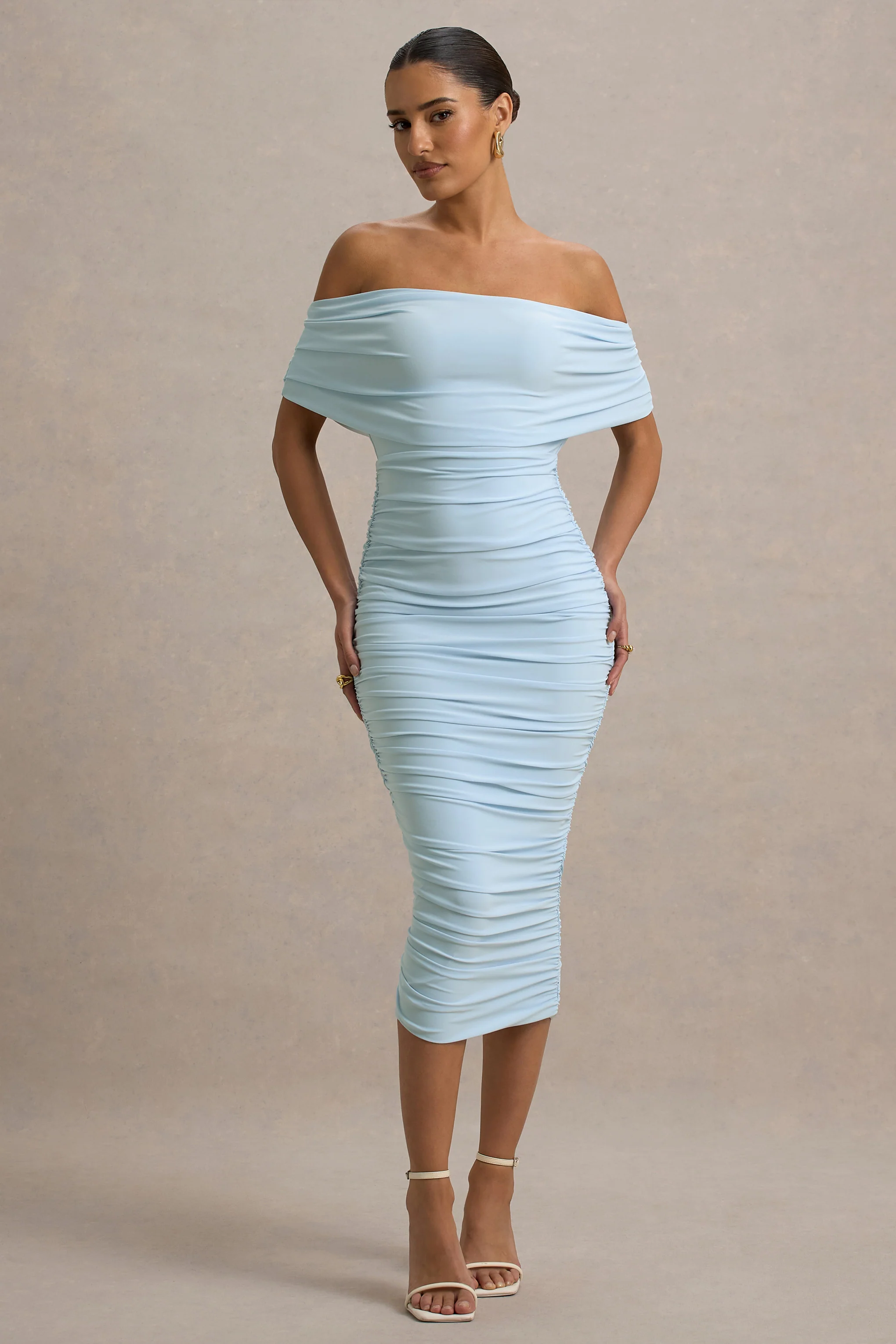 Rayleigh | Powder Blue Bardot Ruched Midi Dress
