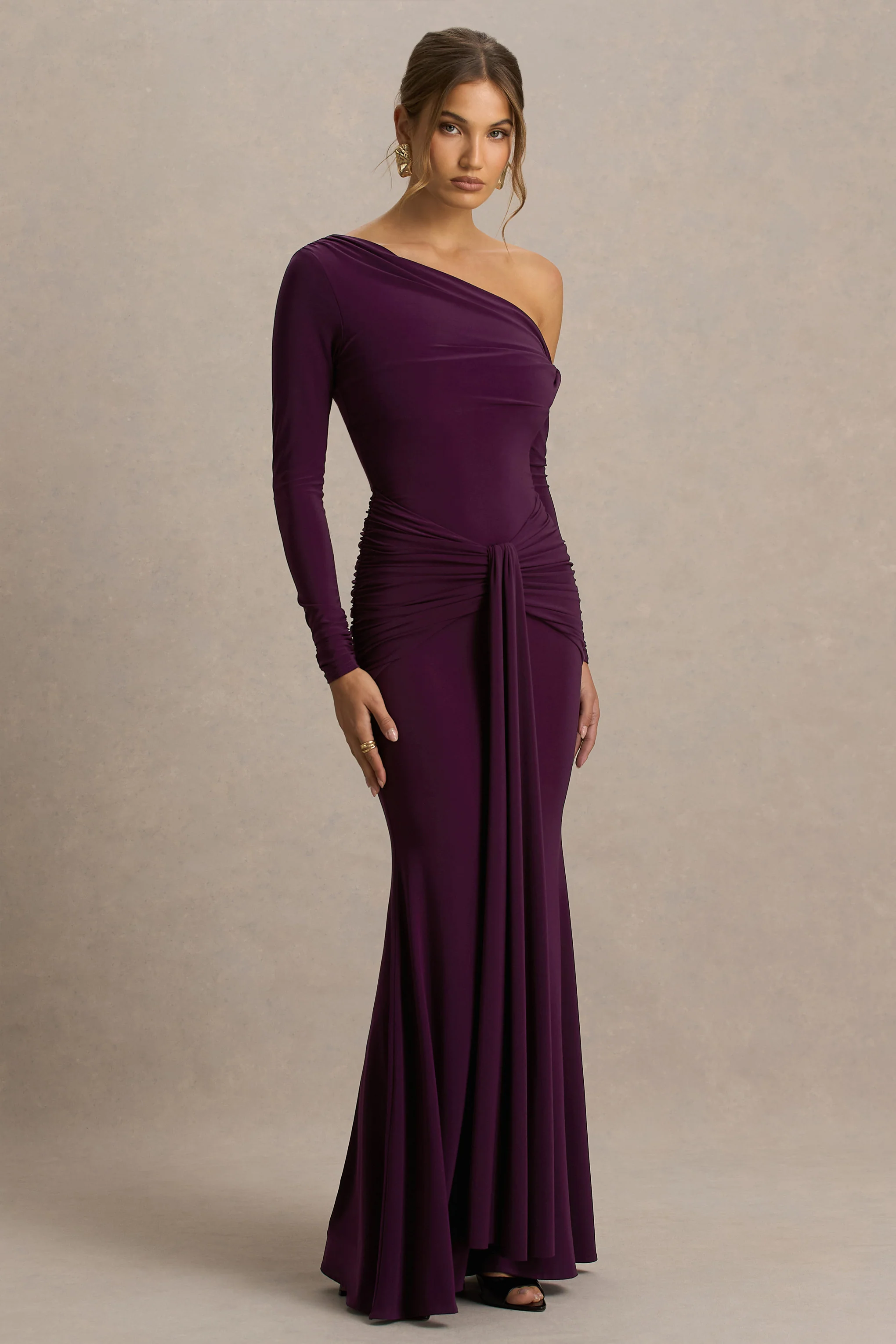 Clover | Burgundy Asymmetric-Neck Wrapped Maxi Dress With Sash