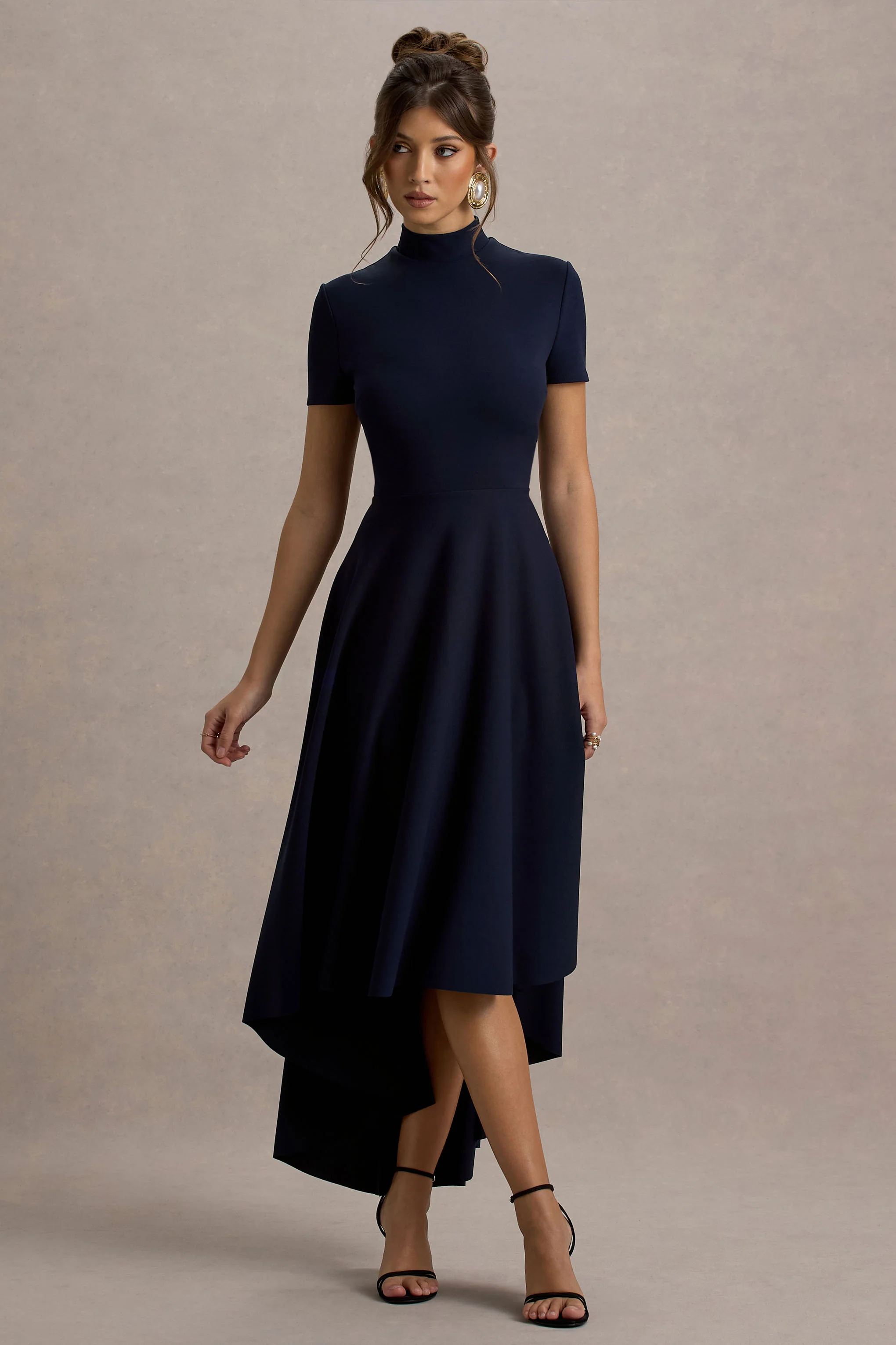 Bellona | Navy High-Neck High-Low Midi Dress