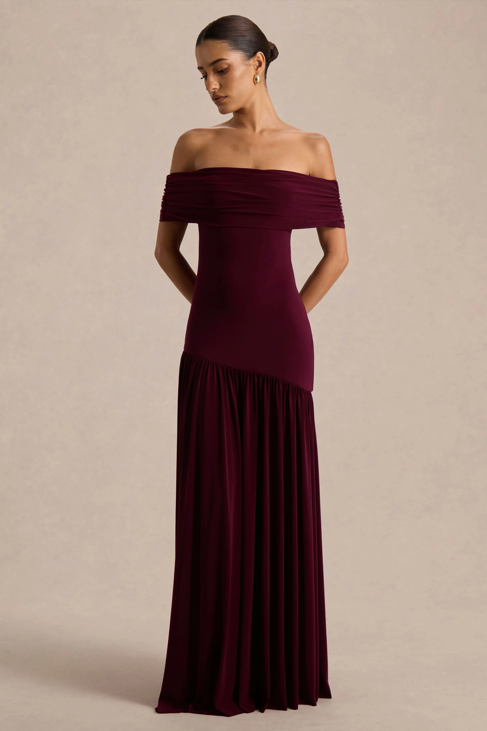 Venezia | Burgundy Bardot Maxi Dress With Drop-Waist