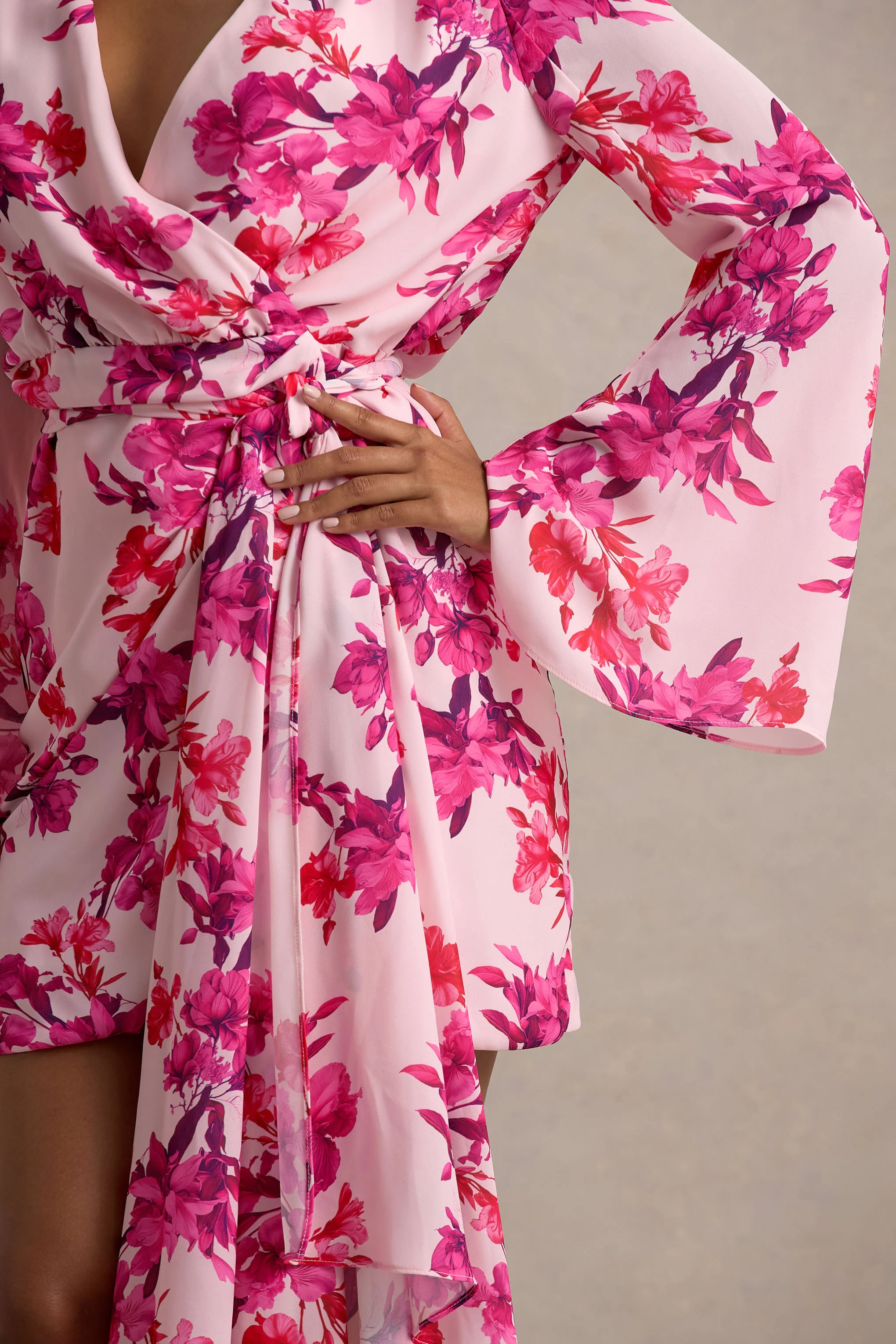 Goldie | Pink Floral Print Chiffon Long-Sleeve Wrap Mini Dress