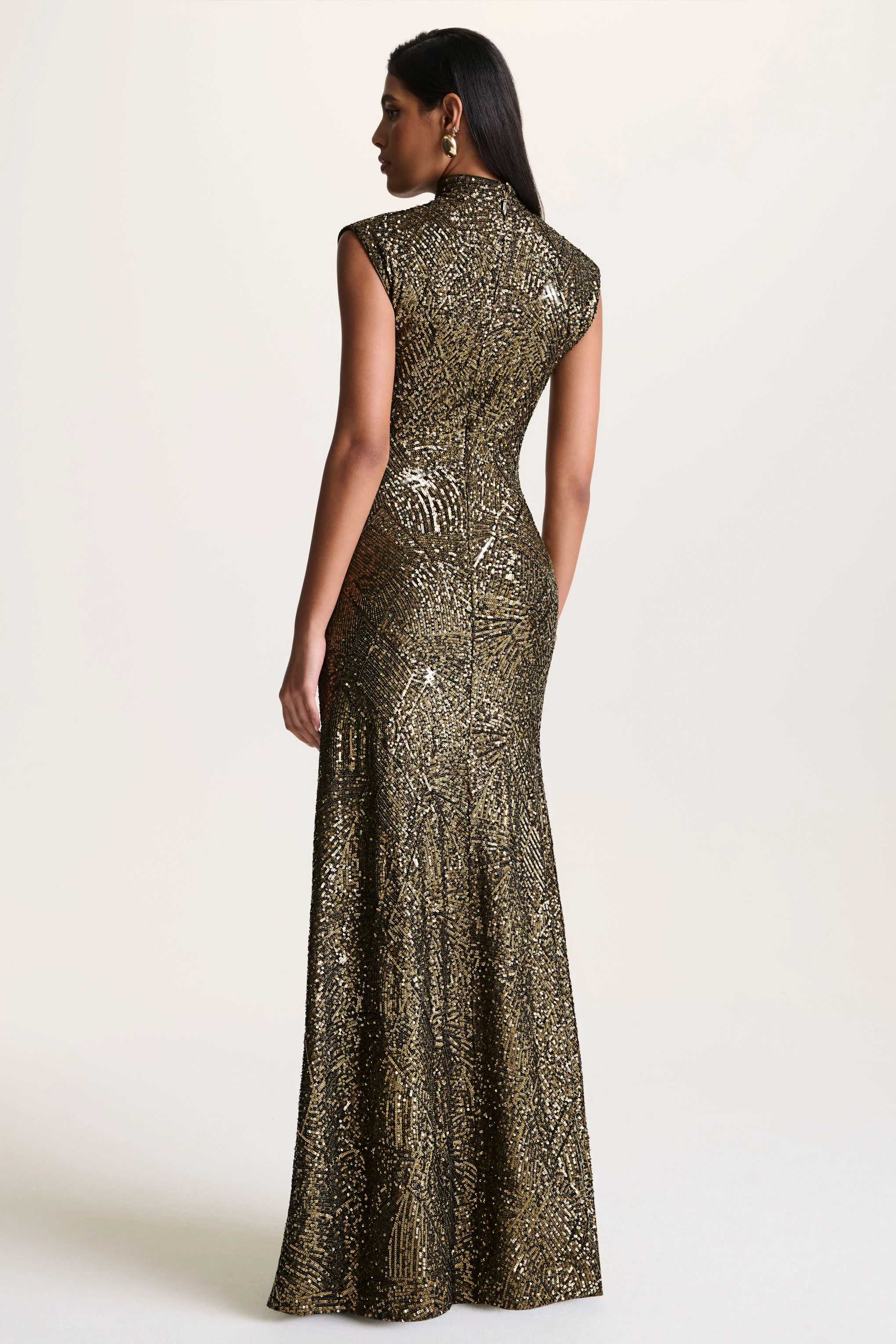 Cecy | Khaki Sequin High-Neck Maxi Dress With Cap Sleeves