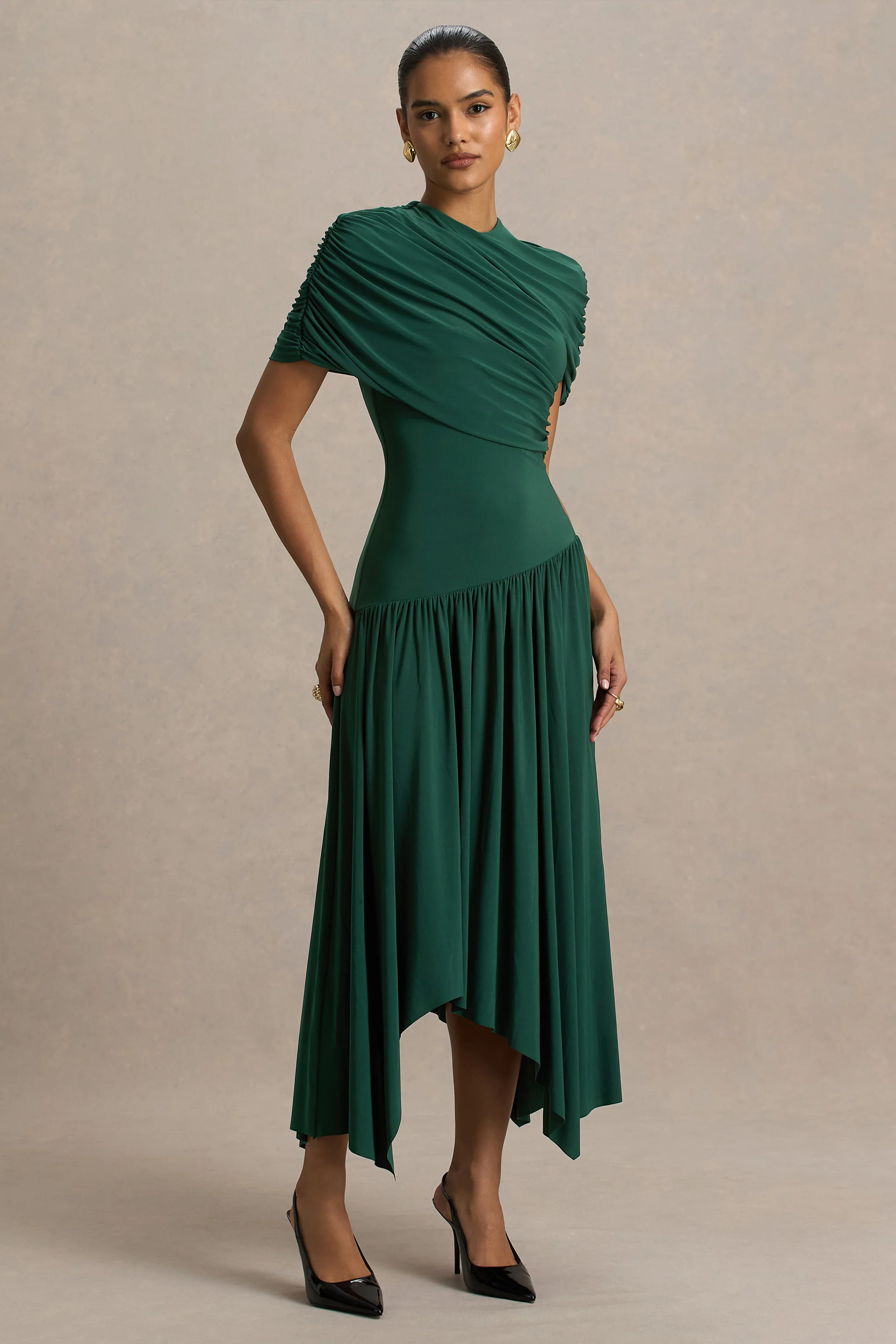 Ione | Teal Wrapped Midi Dress With Hanky Hem