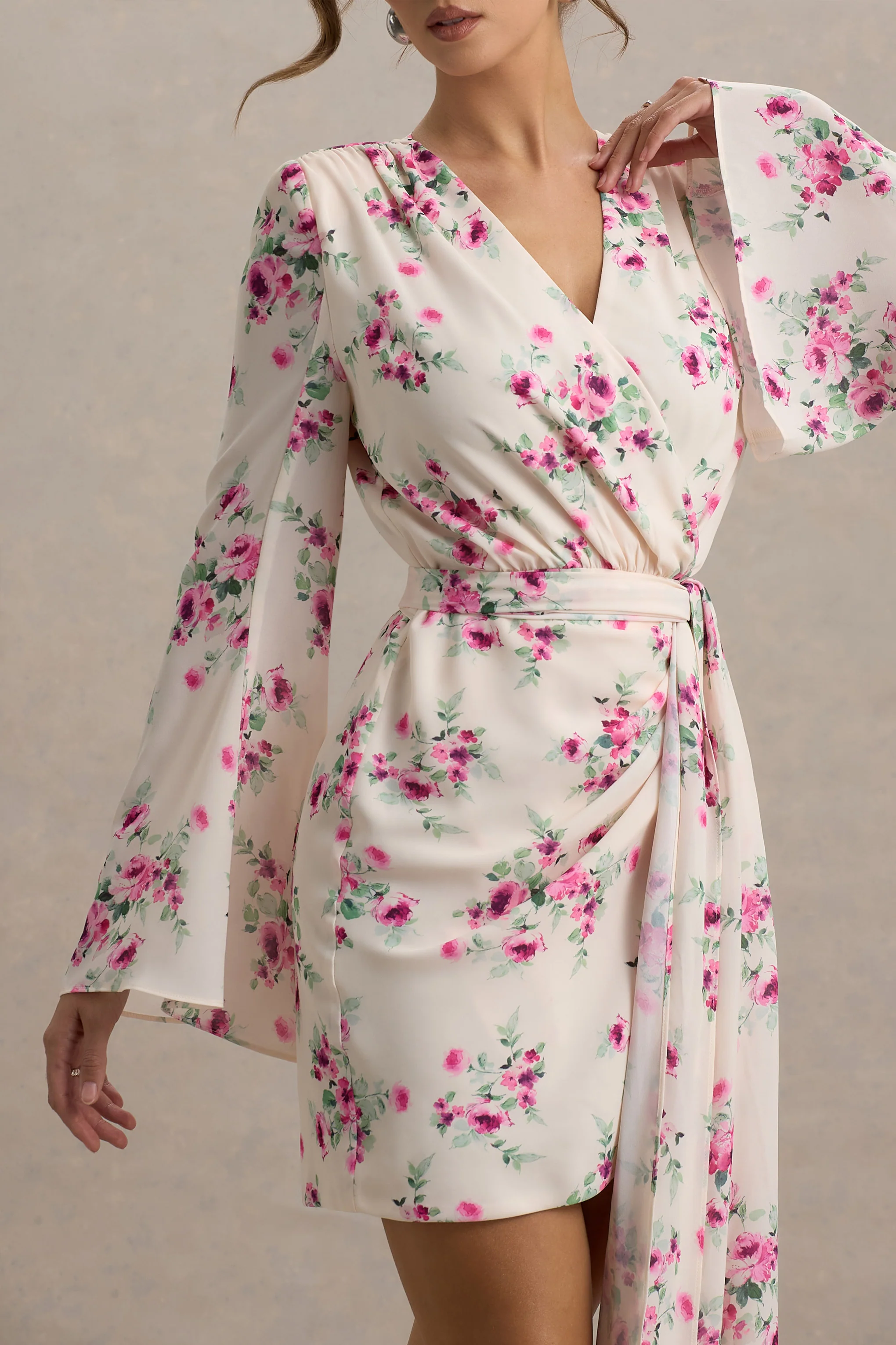 Goldie | Cream Floral Print Chiffon Long-Sleeve Wrap Mini Dress