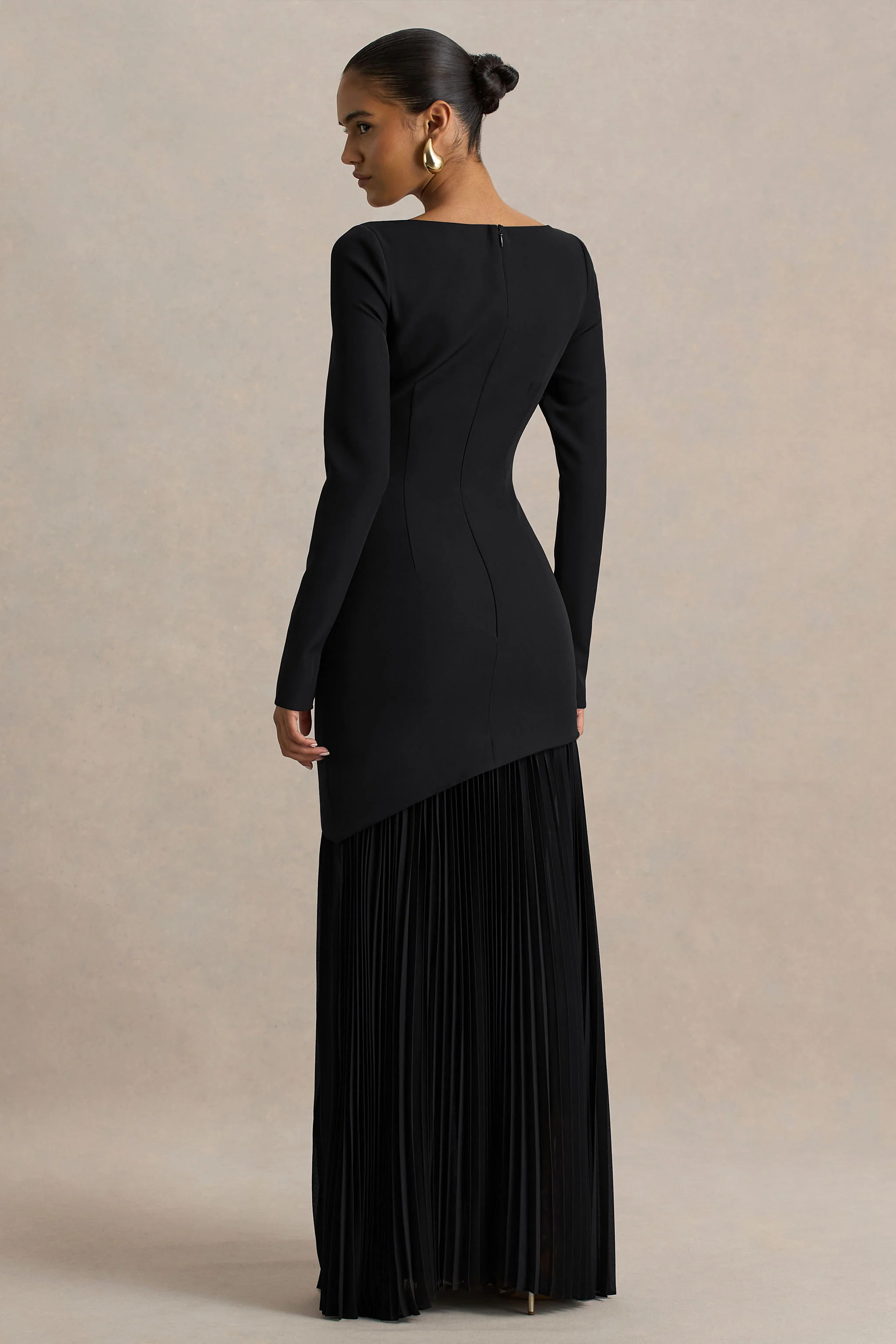 Yanira | Black Crepe And Georgette Boat-Neck Maxi Dress With Drop Waist