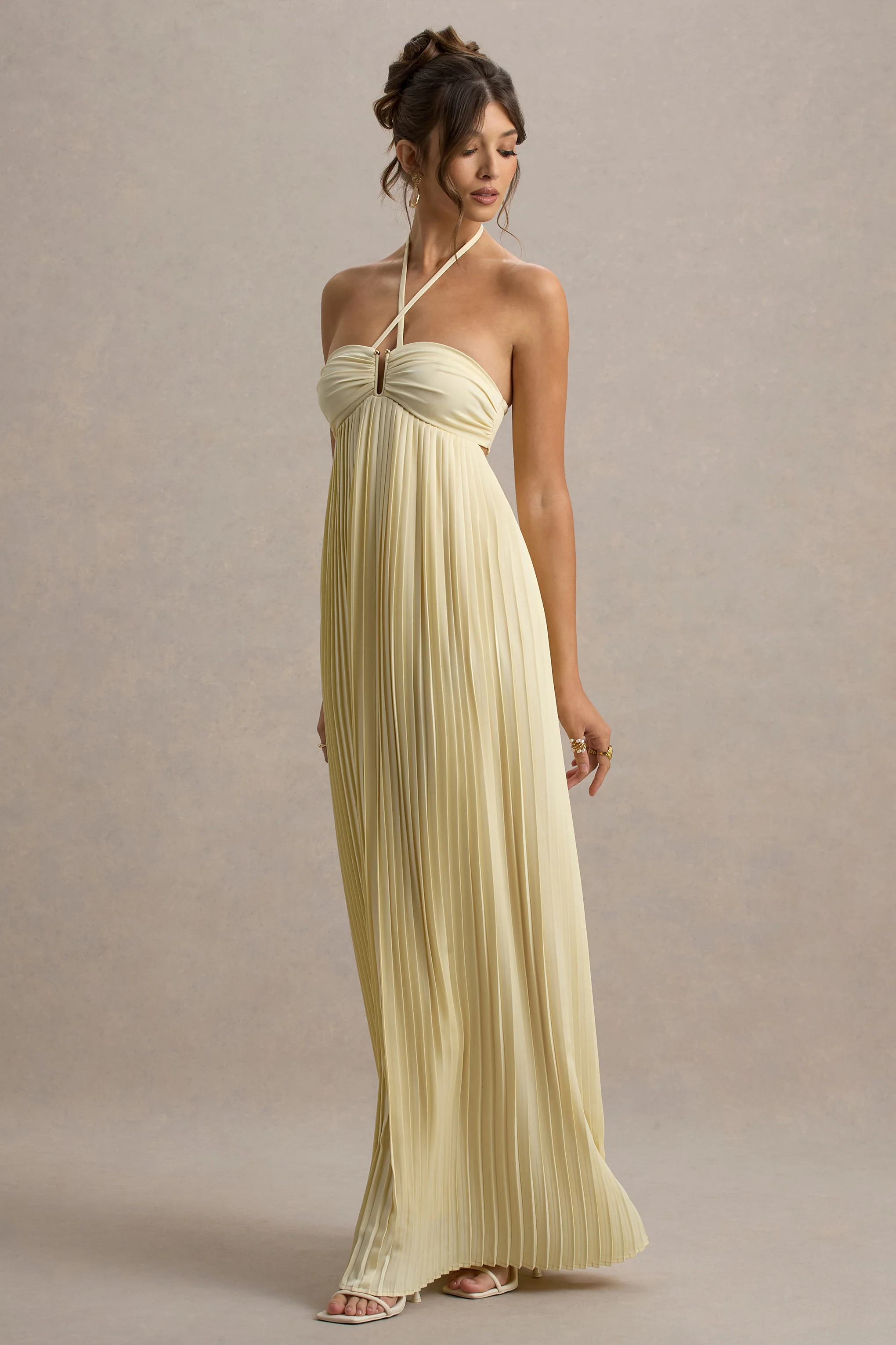 Elayne | Pale Lemon Halter-Neck Maxi Dress With Cut-Out Detail