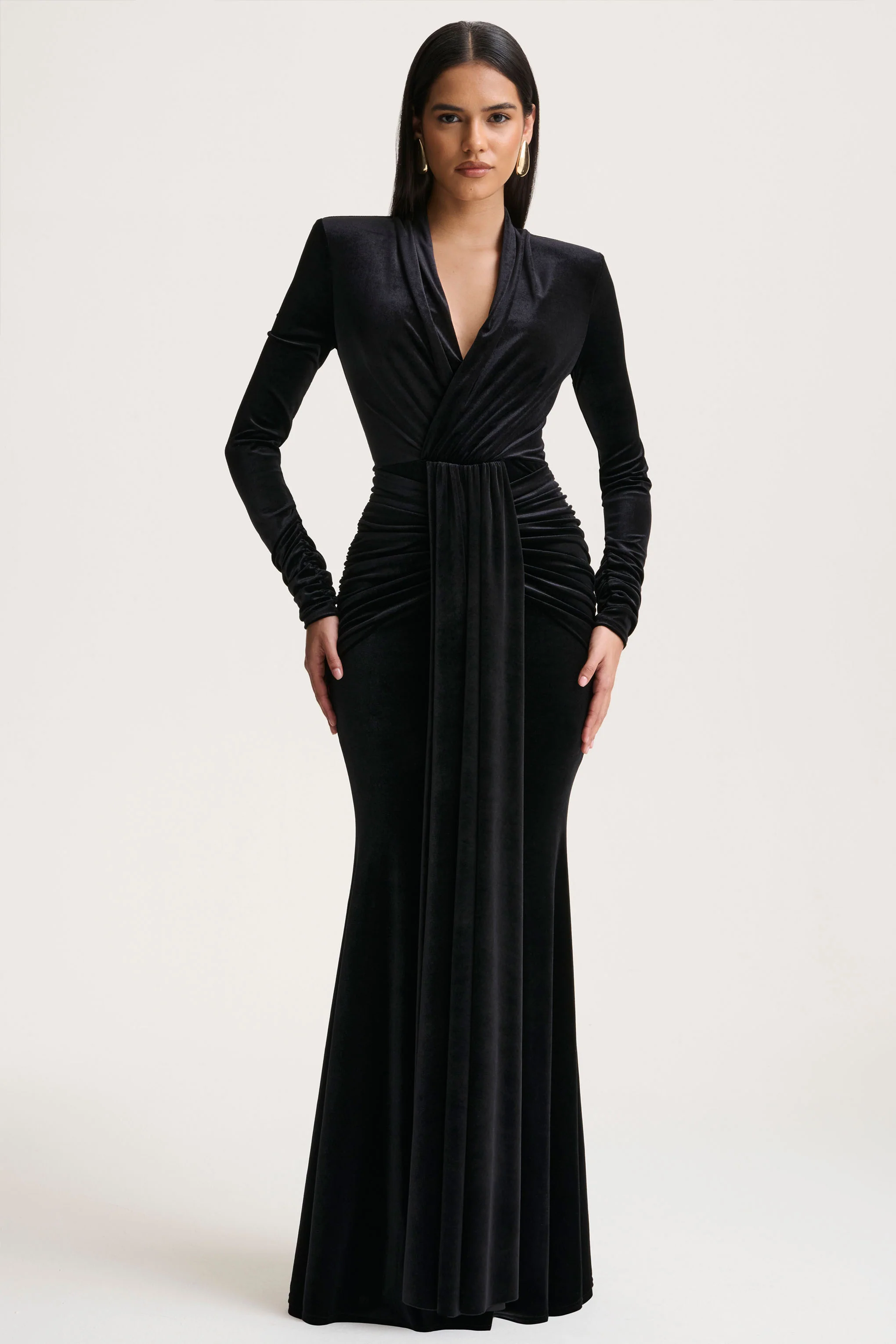 Halima | Black Velvet Plunge-Neck Maxi Dress With Gathered Detailing