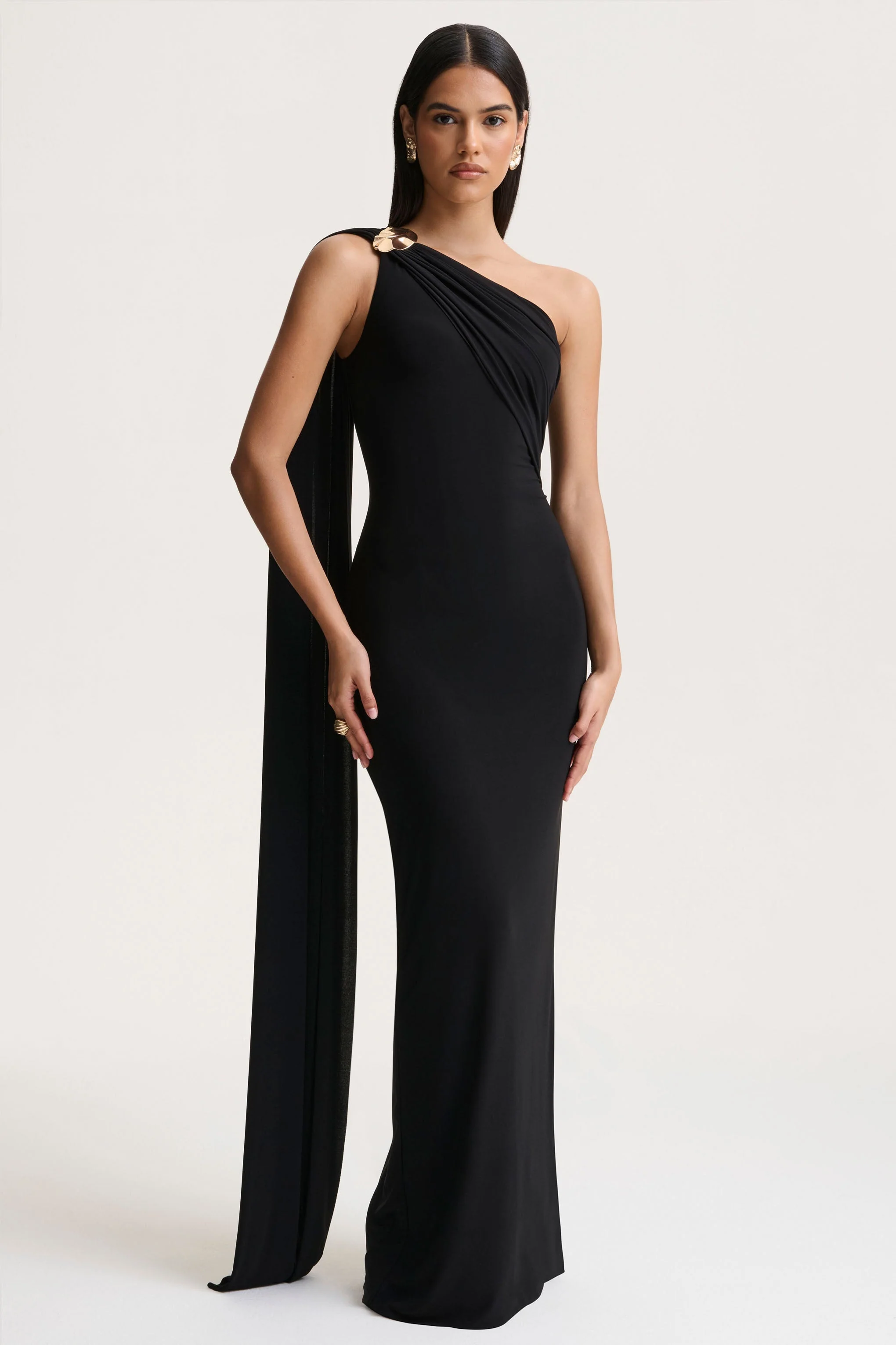Mandy | Black Asymmetric-Neck Maxi Dress