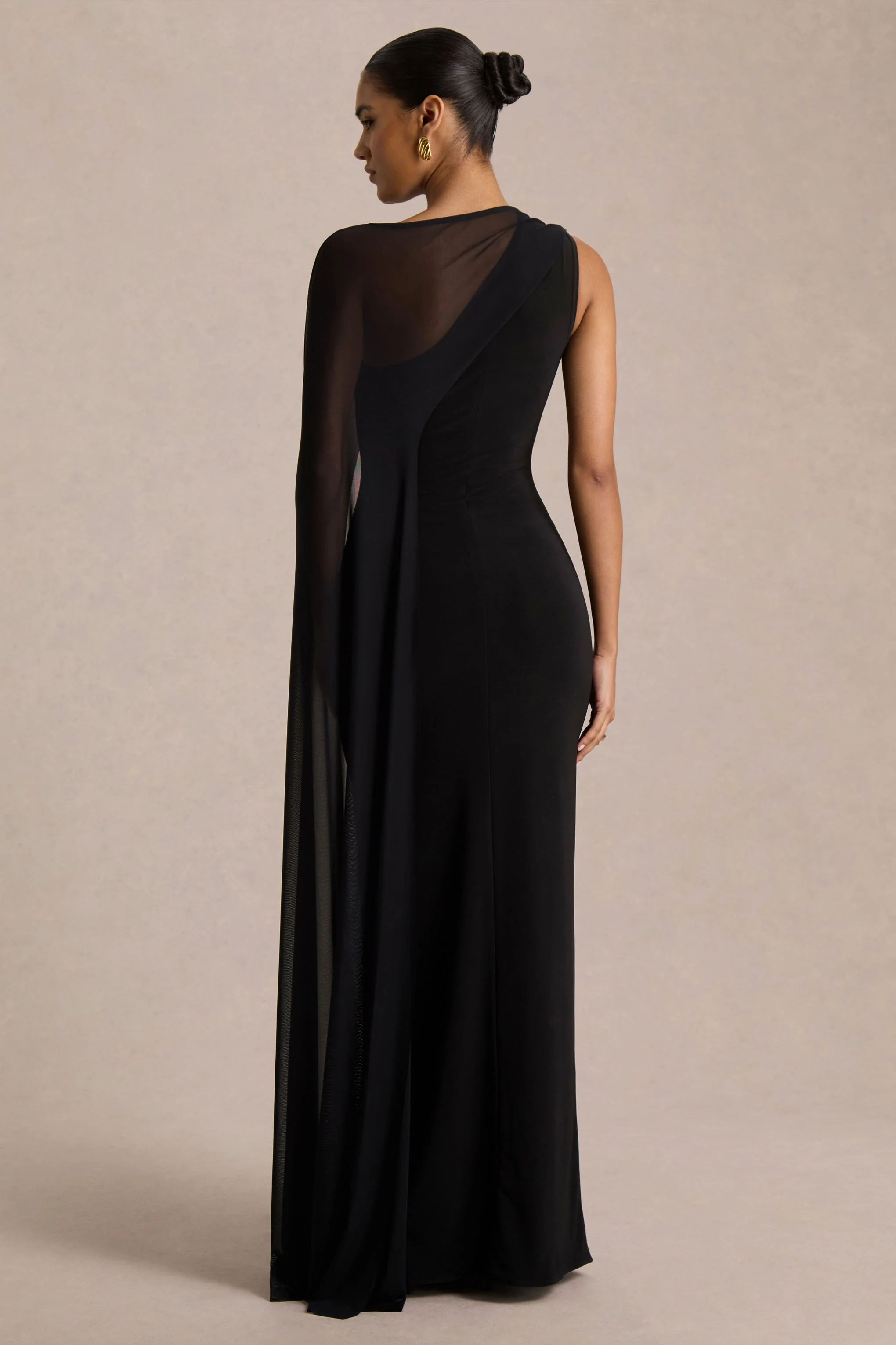 Mirelle | Black Asymmetric-Neck Maxi Dress With Sheer Cape-Sleeve