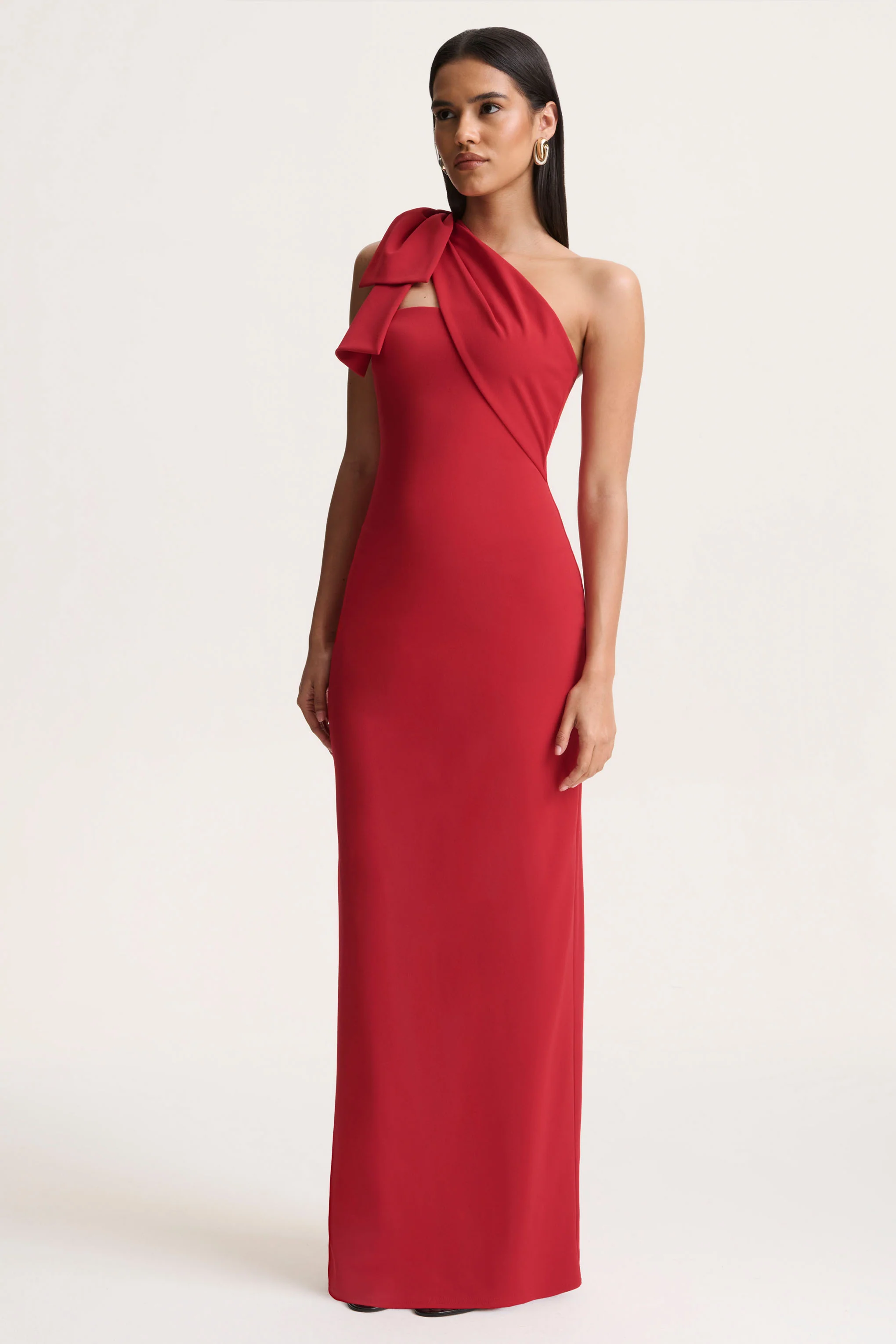 Adara | Red Asymmetric-Neck Maxi Dress With Bow-Detail