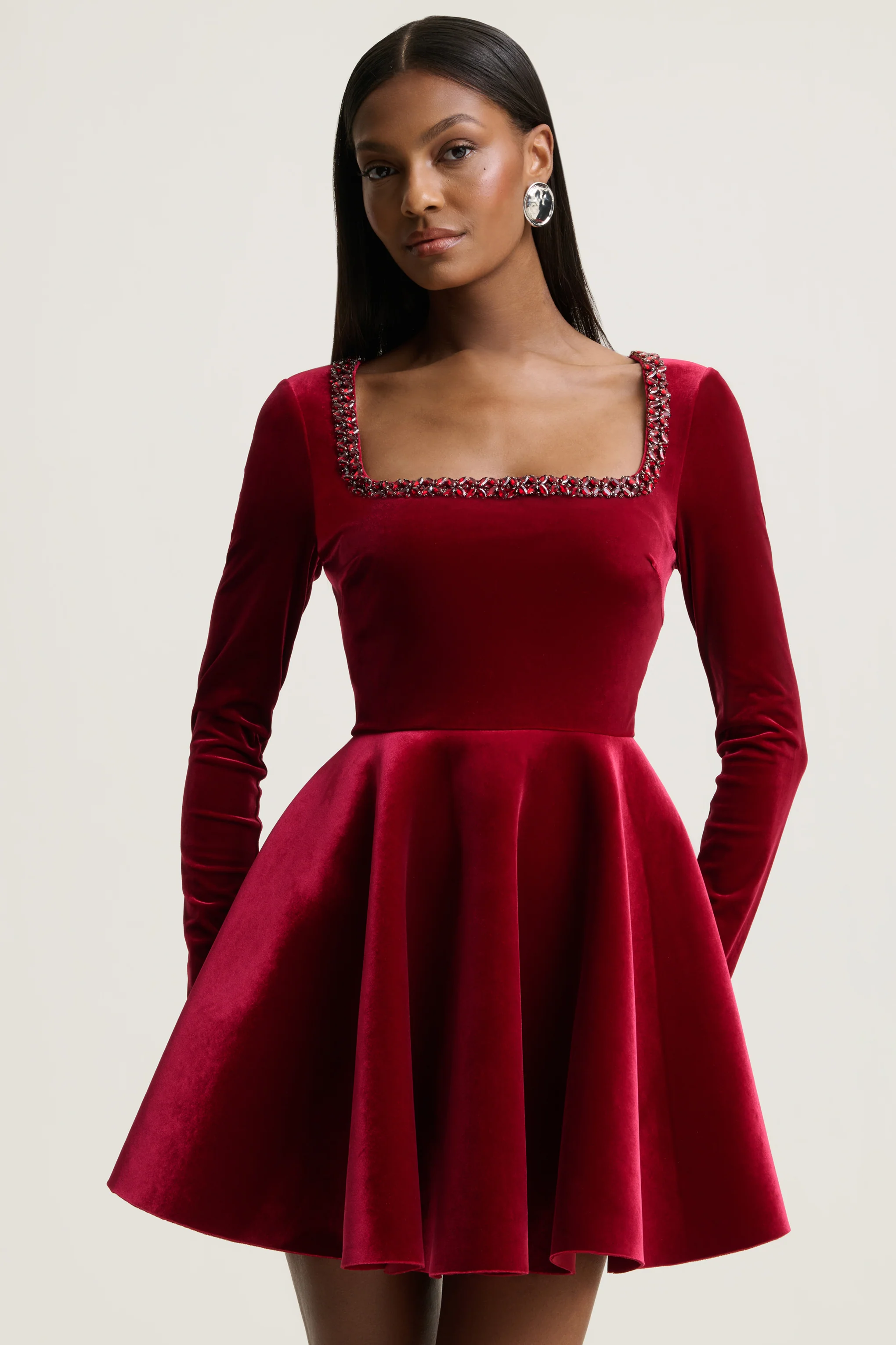 Beloved | Red Velvet Hand-Embellished Square-Neck Mini Dress