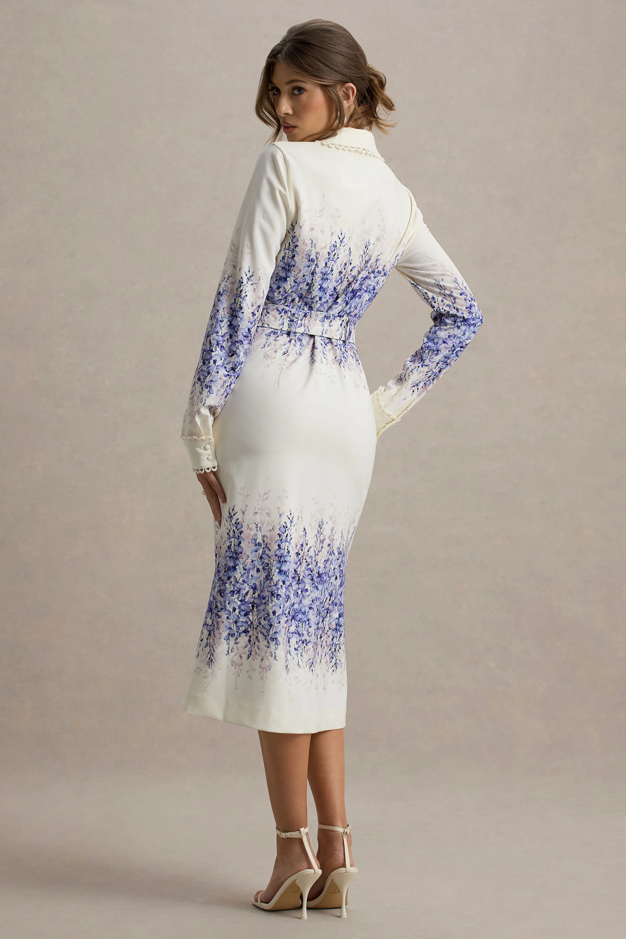 Zephy | Wisteria Print Belted Shirt Midi Dress