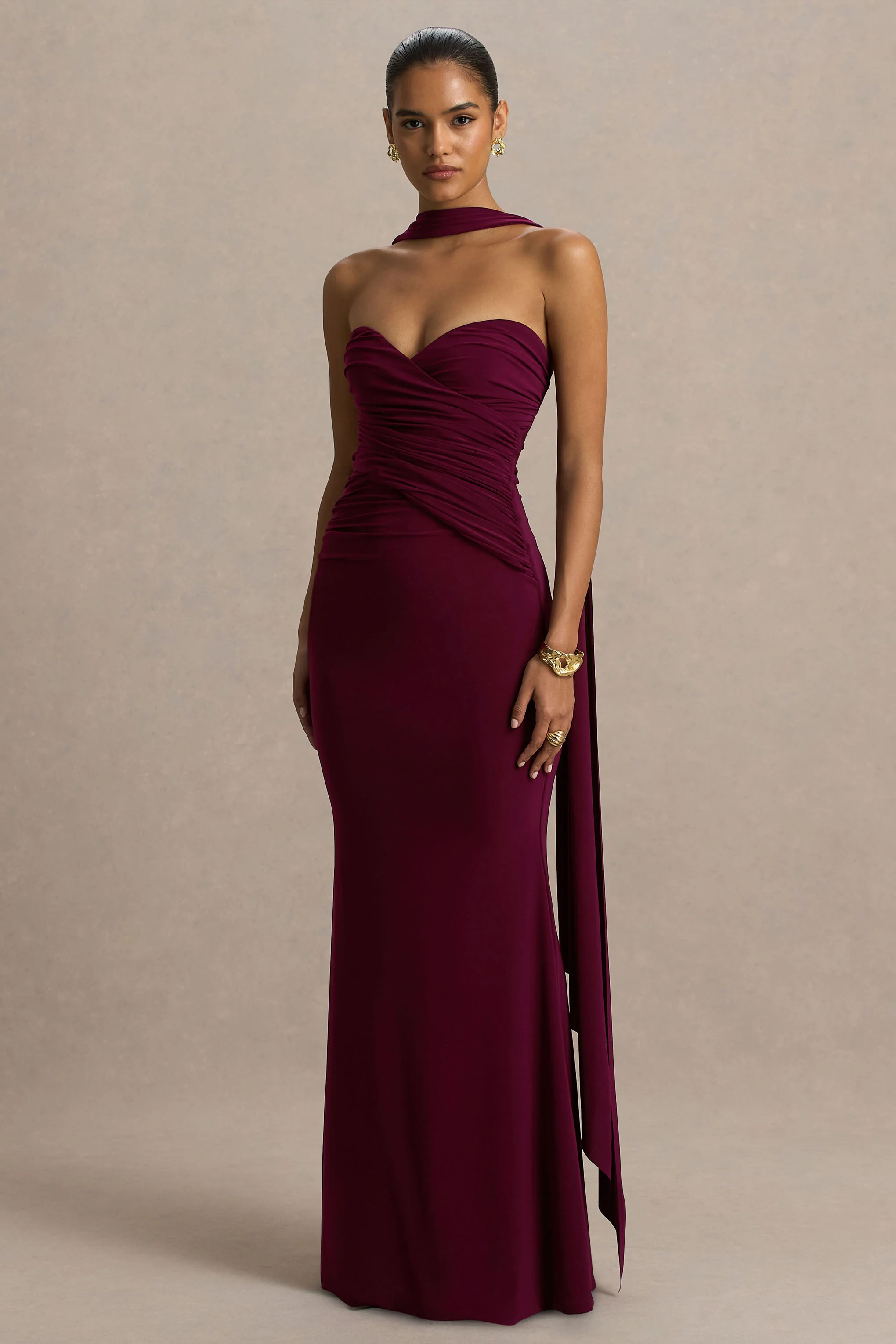 Leila | Burgundy Sweetheart Maxi Dress With Scarf