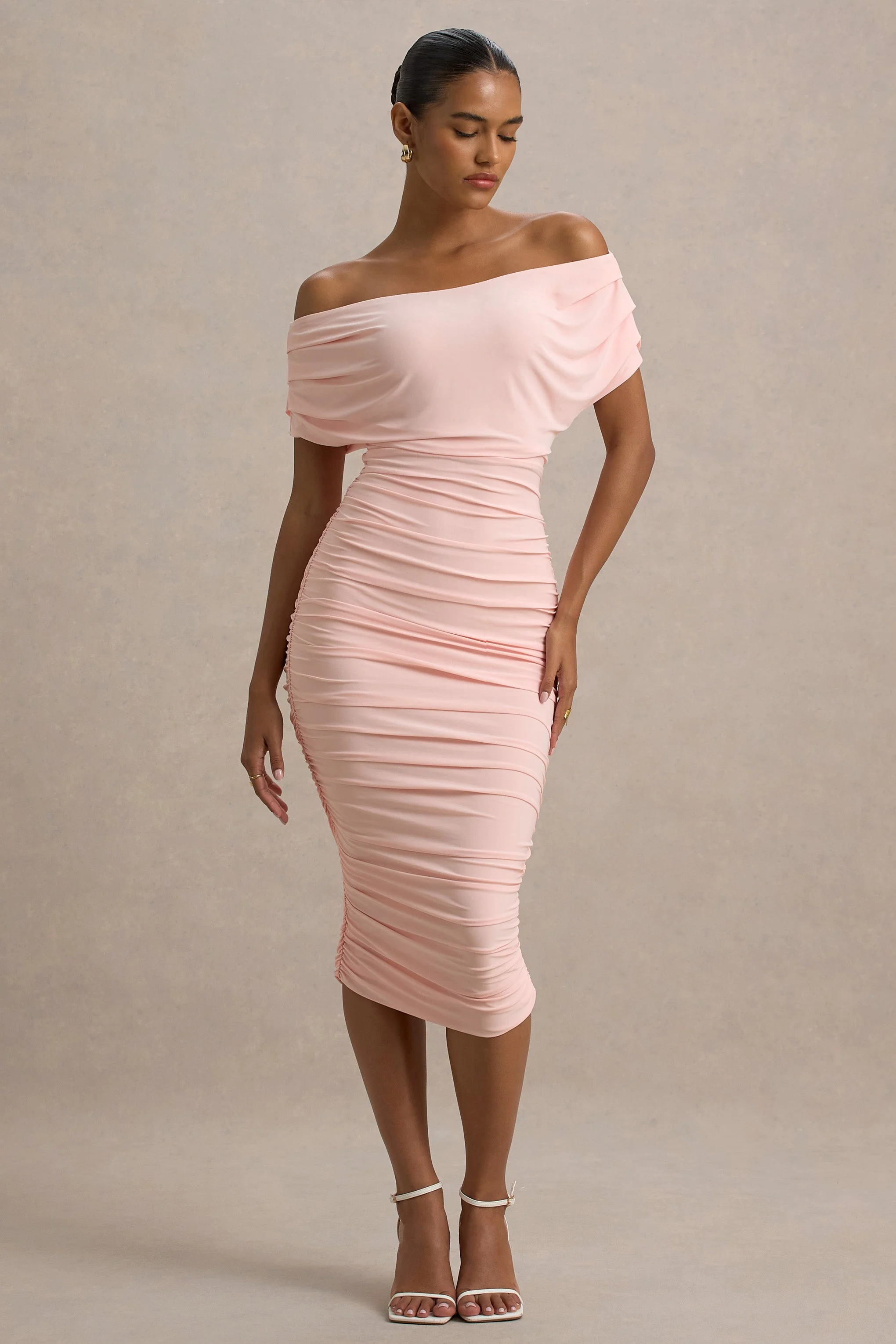 Rayleigh | Pink Bardot Ruched Midi Dress