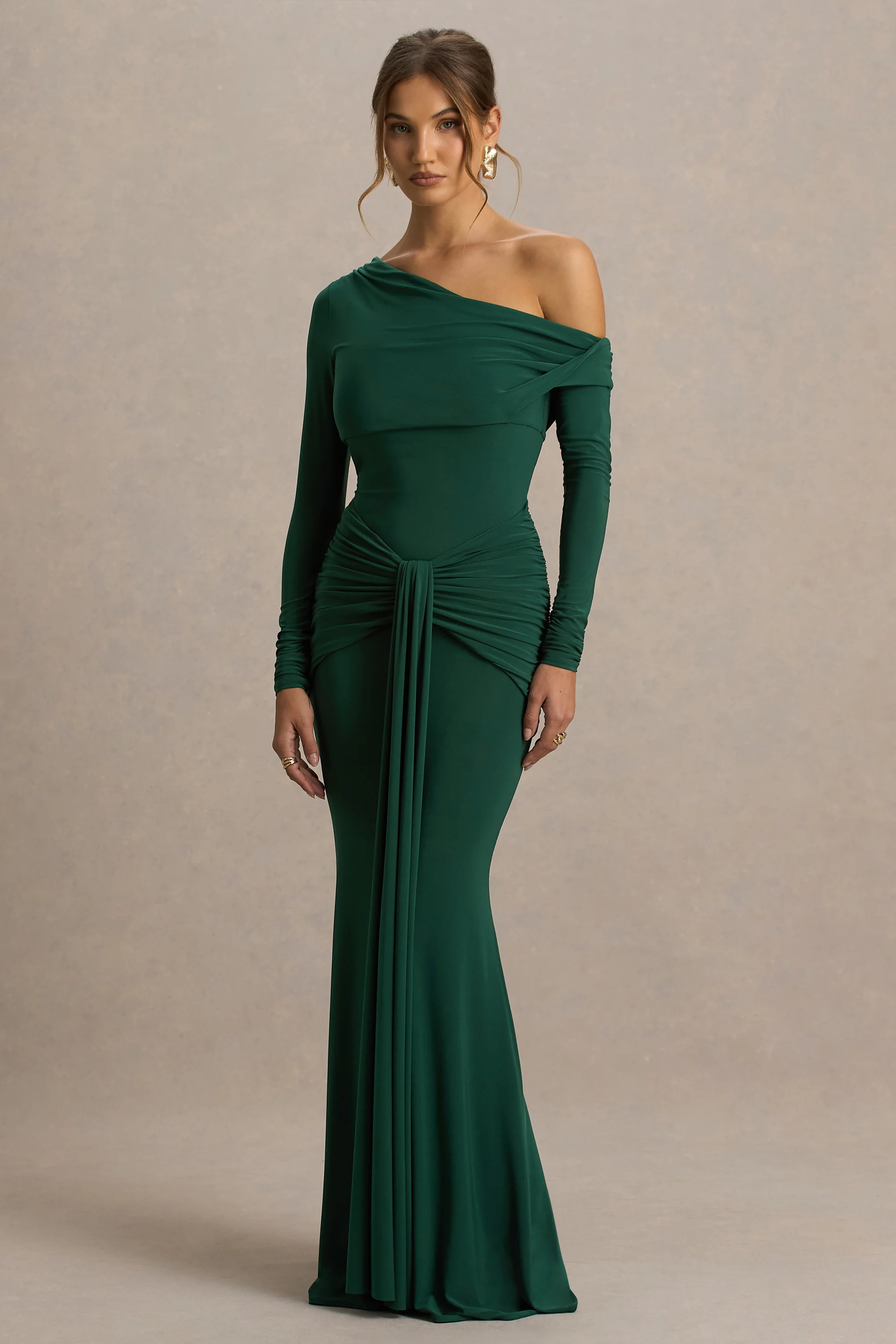 Clover | Dark Green Asymmetric-Neck Wrapped Maxi Dress With Sash