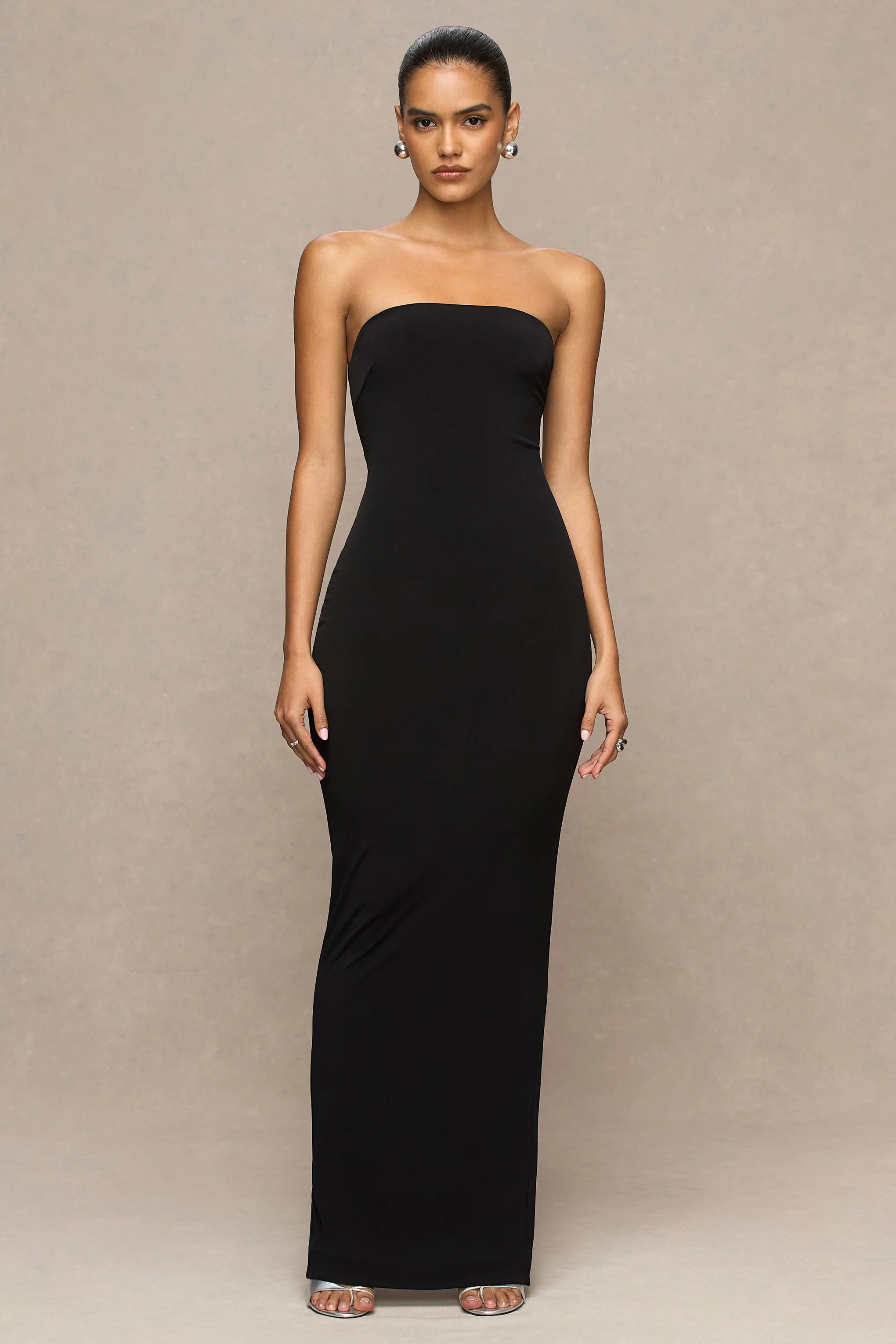 Milania | Black Asymmetric-Neck Maxi Dress With Twist-Sleeve