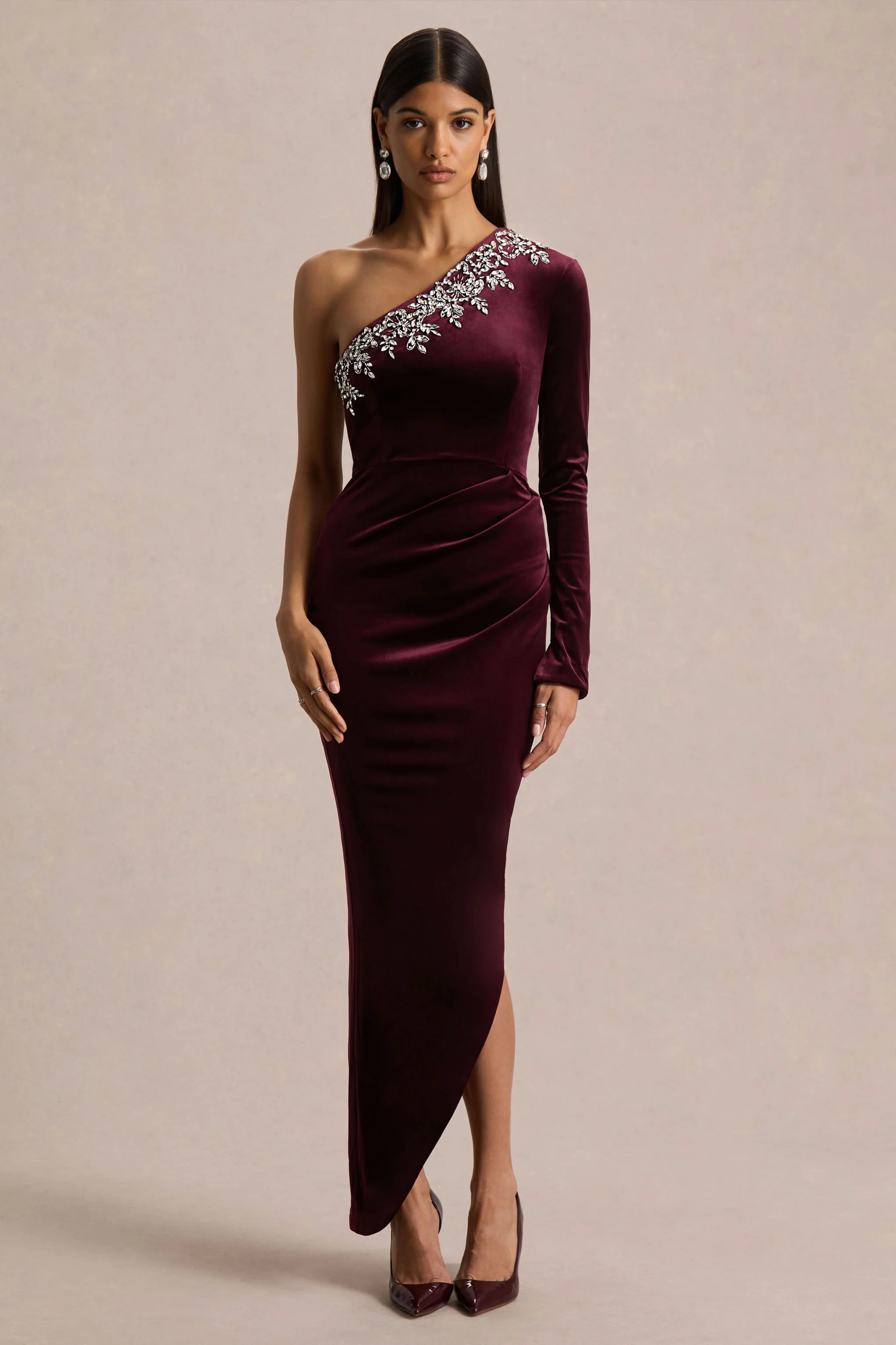 Nyssa | Burgundy Embellished Asymmetric-Neck Maxi Dress