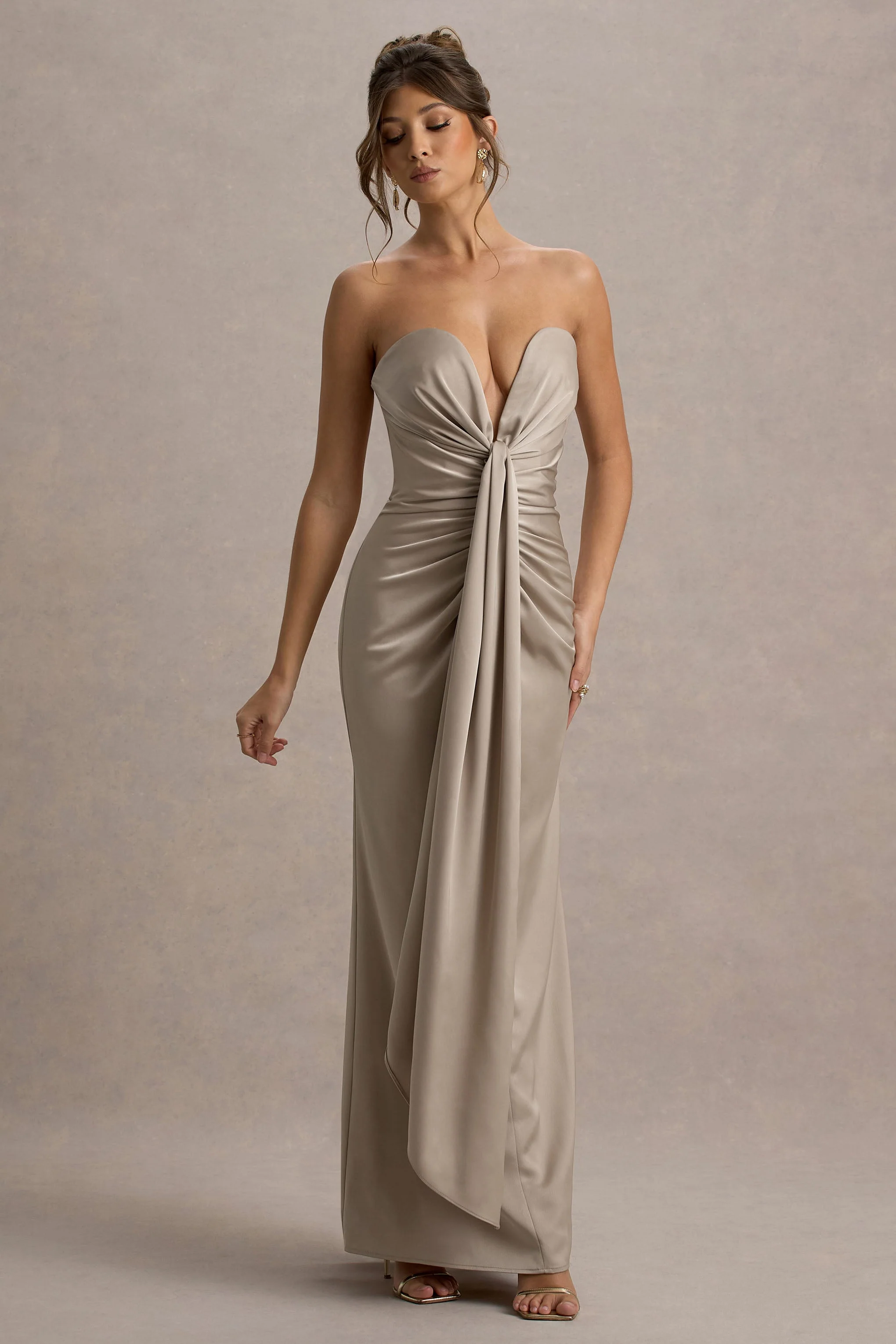Mackenzie | Champagne Satin Plunge-Neck Draped Maxi Dress