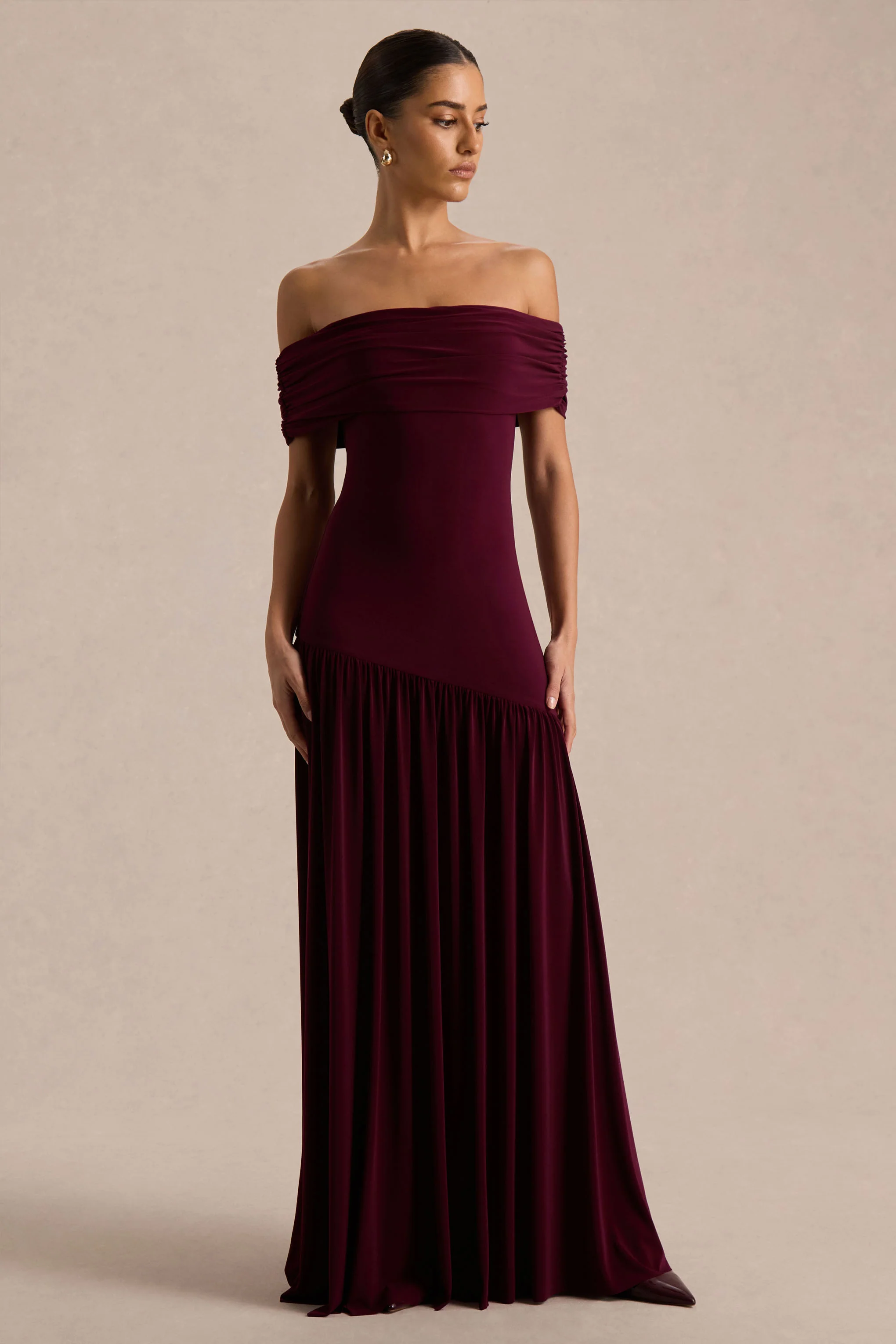Venezia | Burgundy Bardot Maxi Dress With Drop-Waist