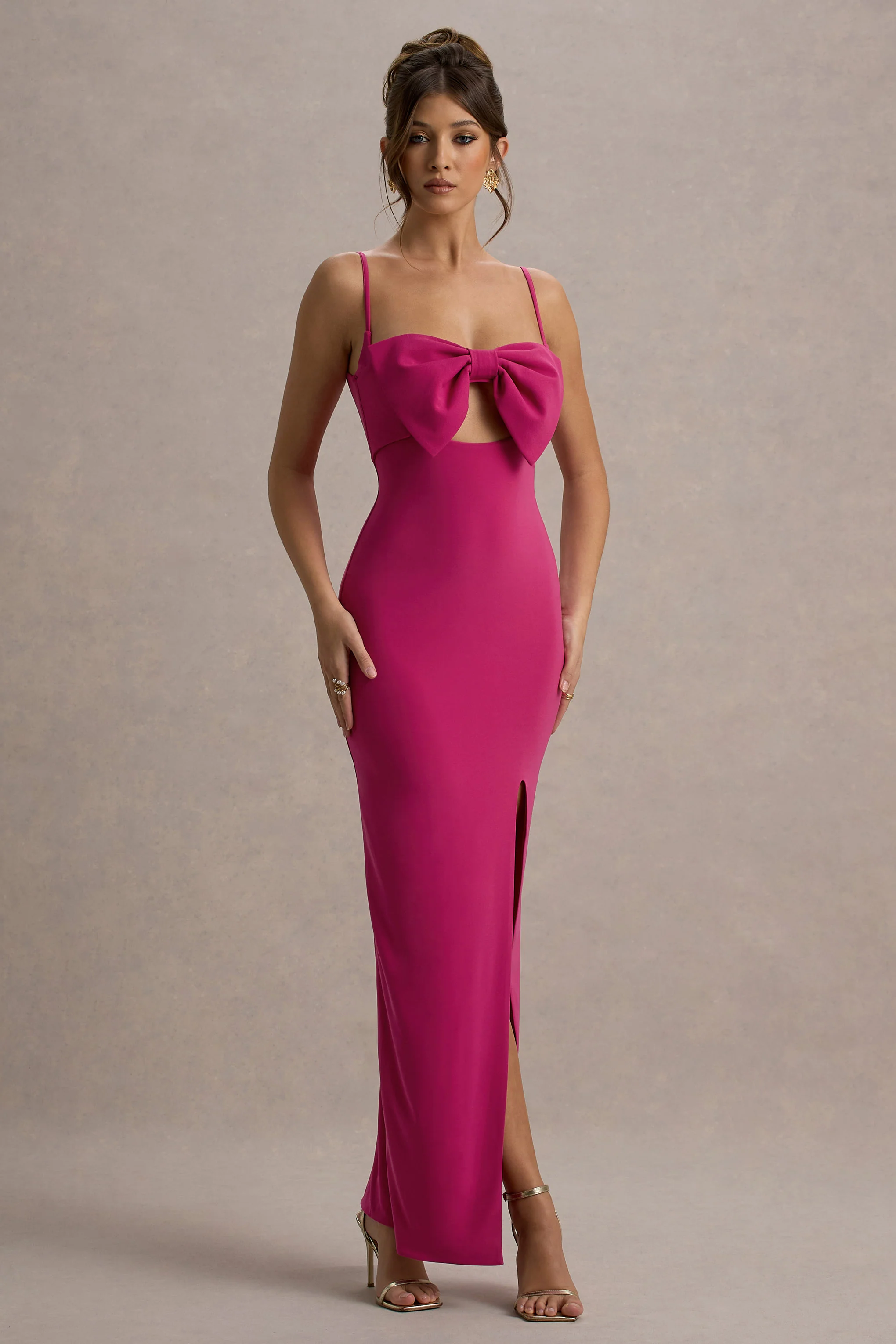 Emmalou | Hot Pink Strappy Split Maxi Dress With Bow