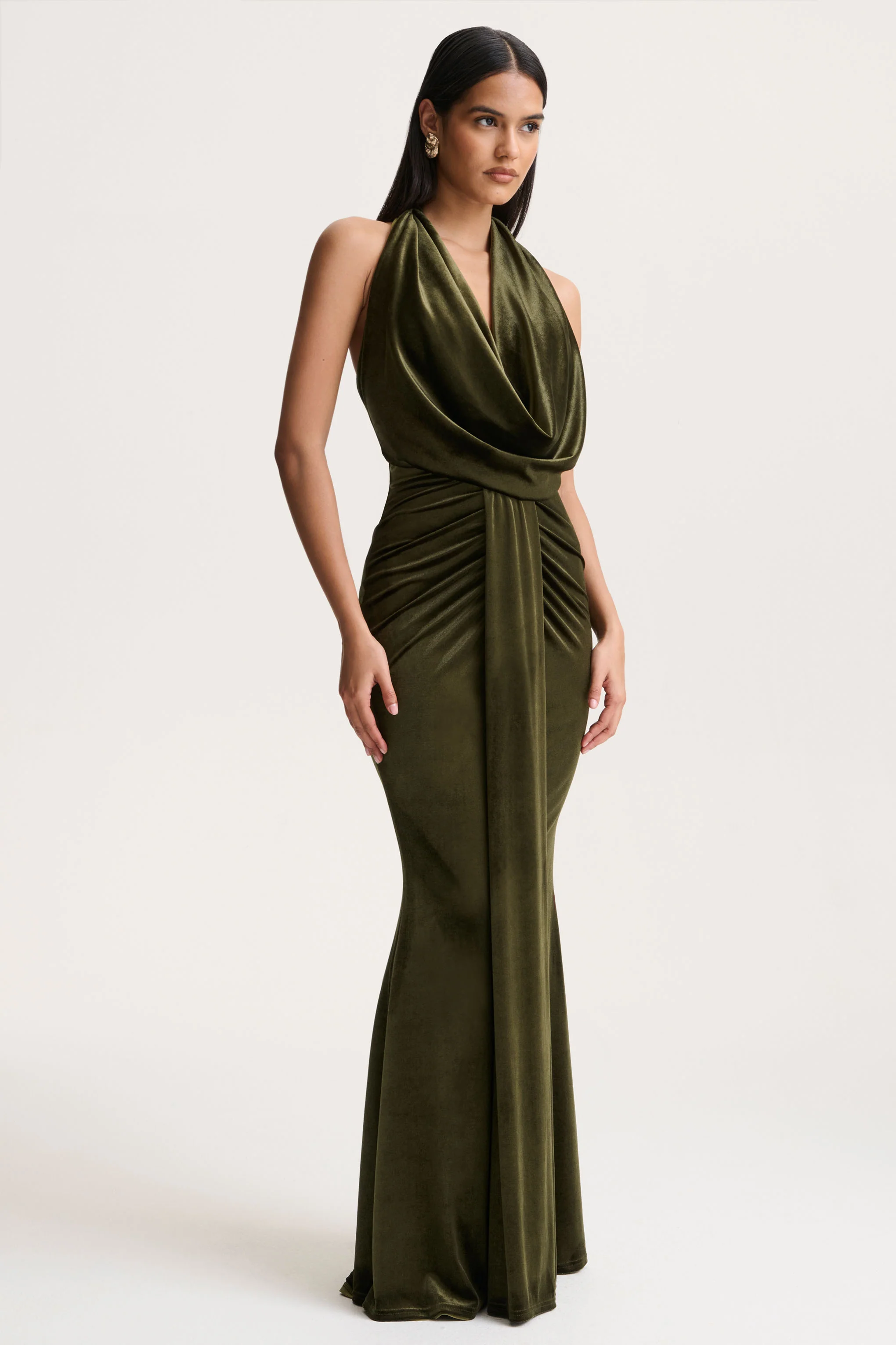 Lavernia | Olive Velvet Halter-Neck Maxi Dress With Gathered-Detailing