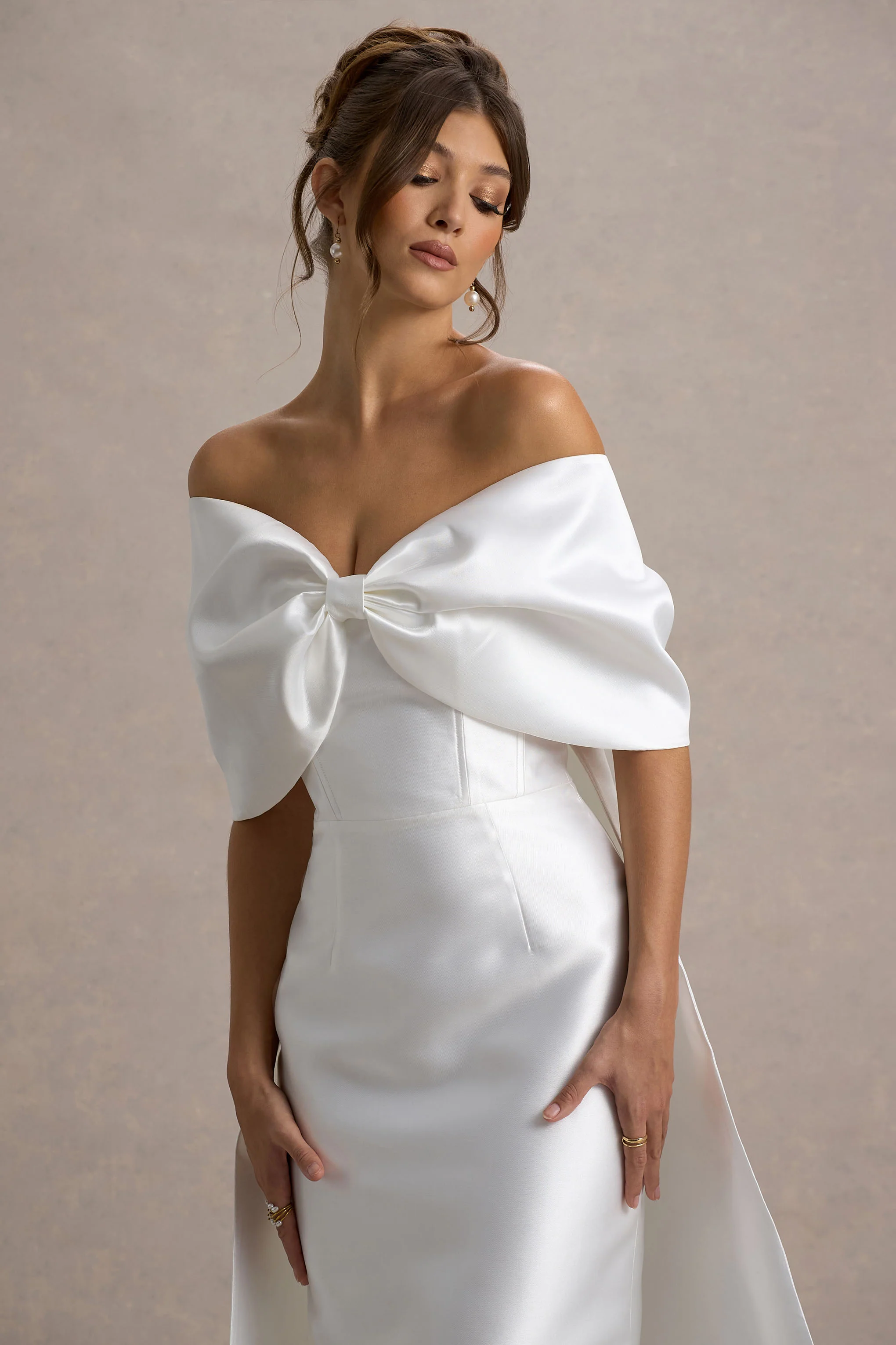 Wanting More | Off White Satin Cape Maxi Dress With Oversized Bow