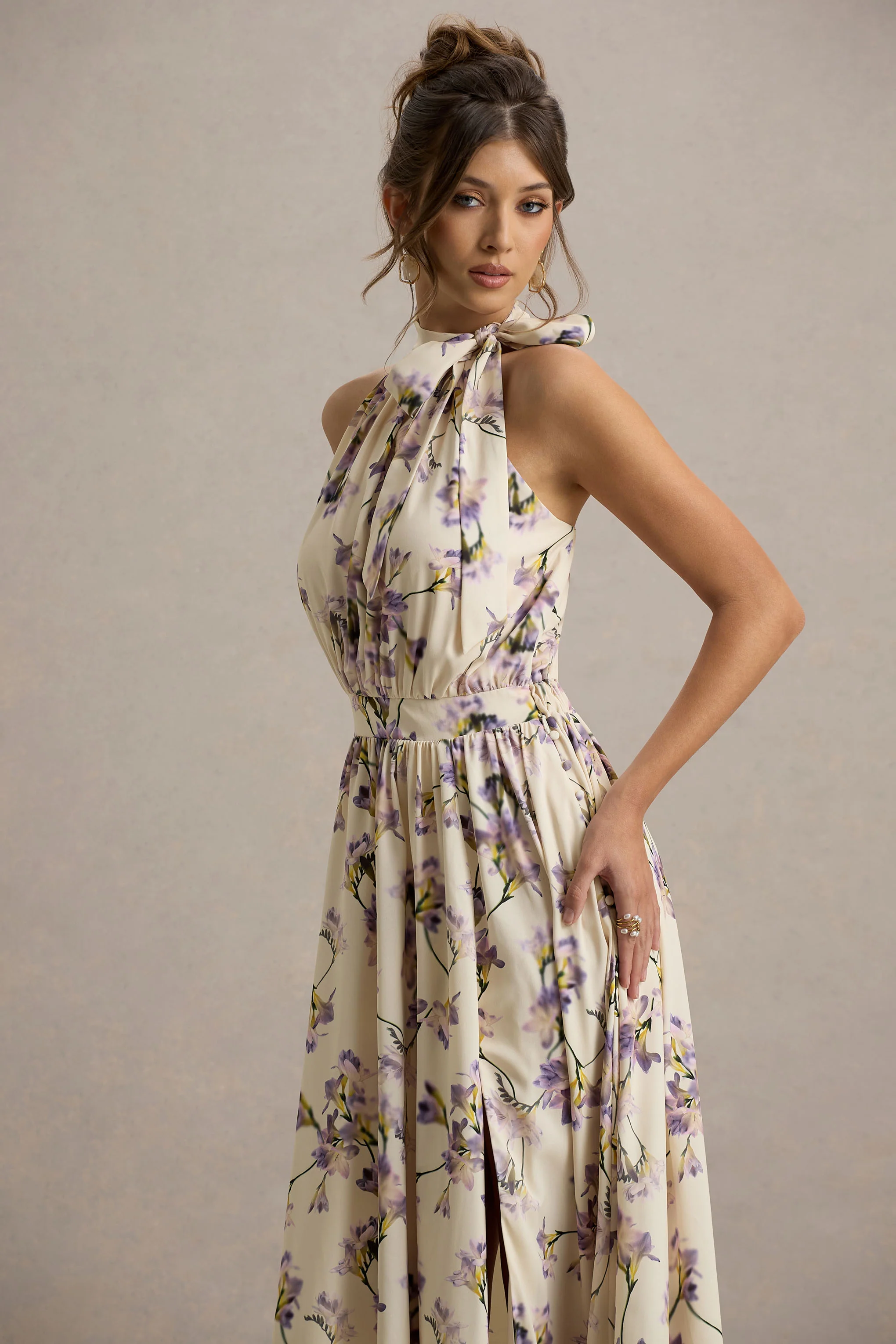 Talia | Lemon Floral Print High-Neck Split Maxi Dress With Bow
