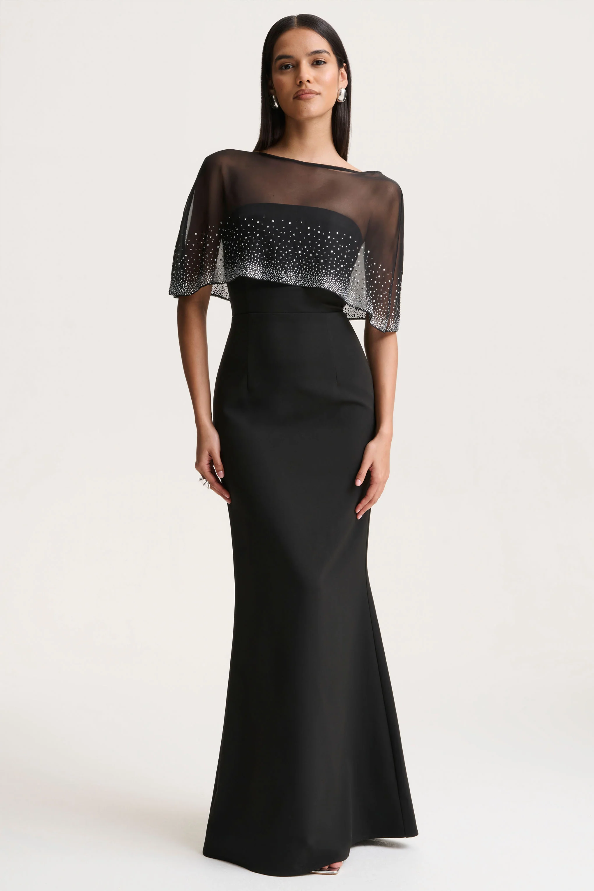 Everly | Black Hand-Embellished Cape-Sleeve Maxi Dress