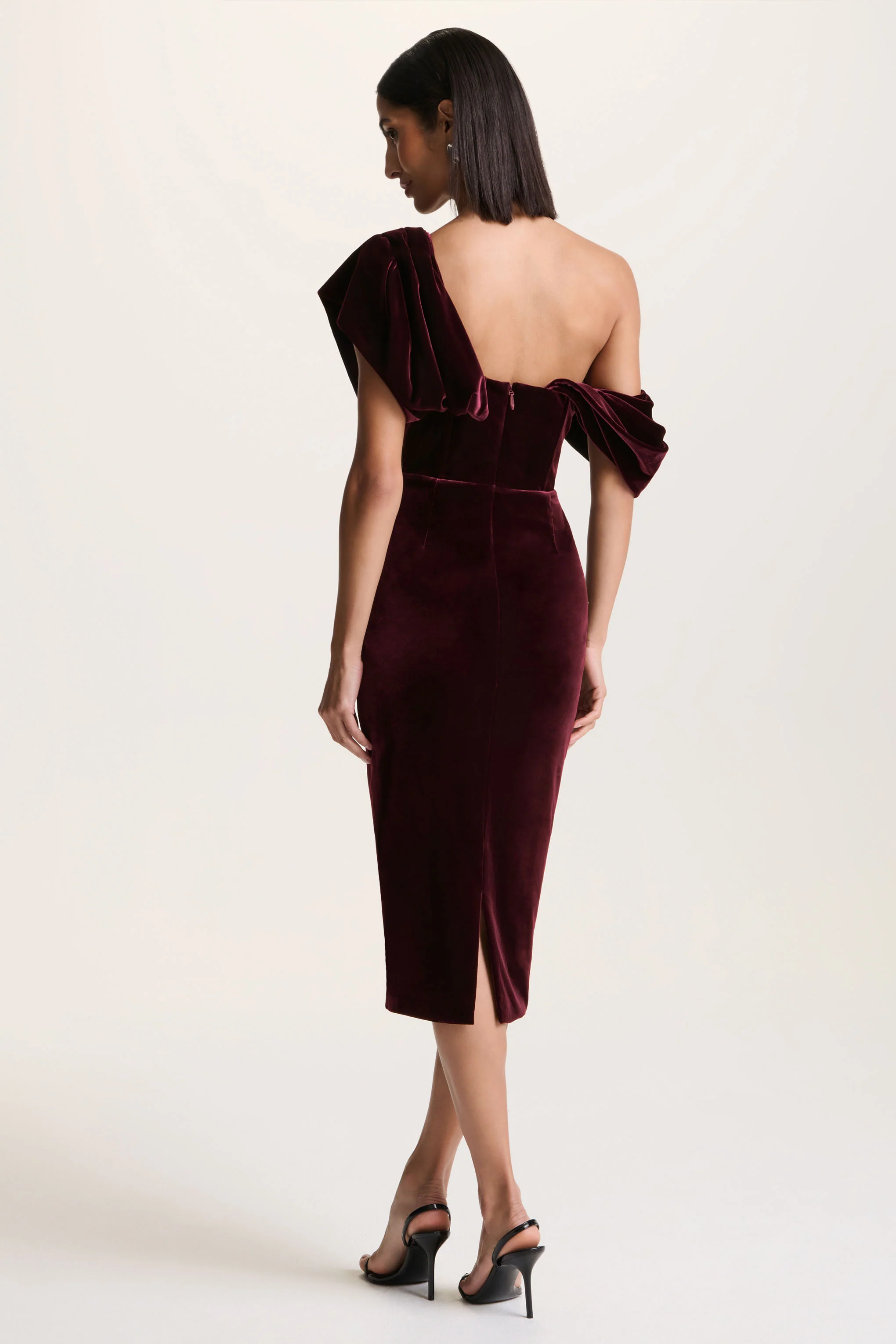High End | Burgundy Velvet Asymmetric-Neck Midi Dress With Draped Detailing