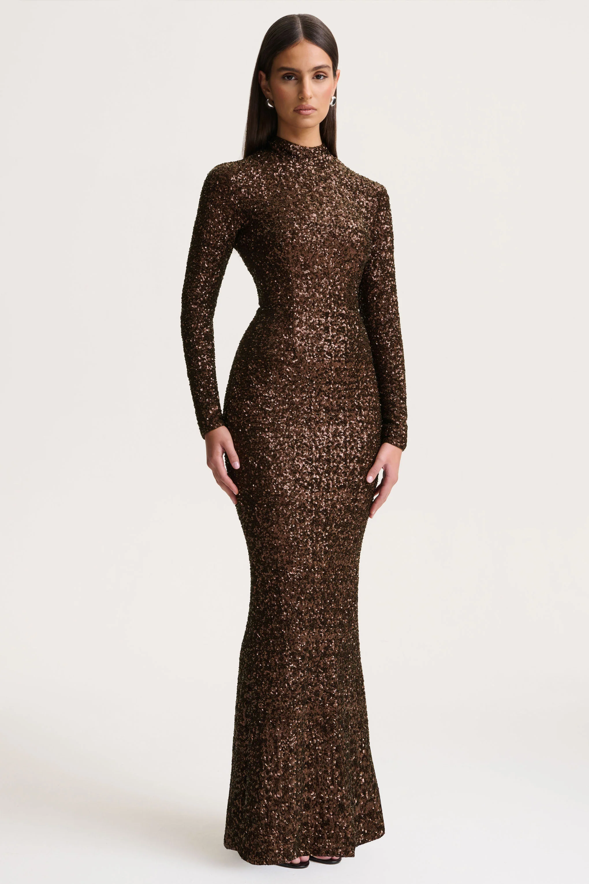 Galaxy | Brown Sequin Turtle-Neck Long-Sleeve Maxi Dress