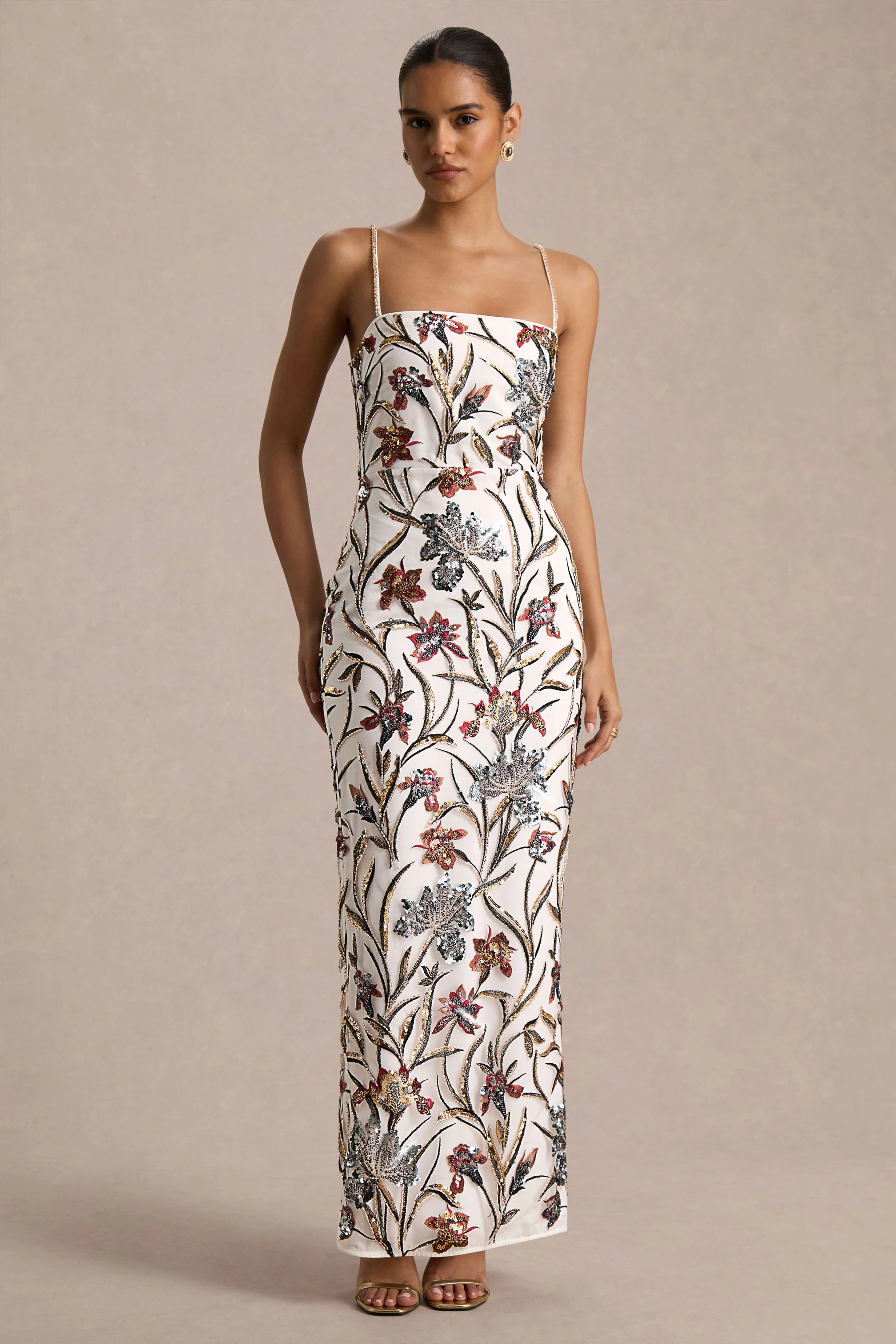 Kyle | Cream Sequin Floral Embellished Square-Neck Maxi Dress