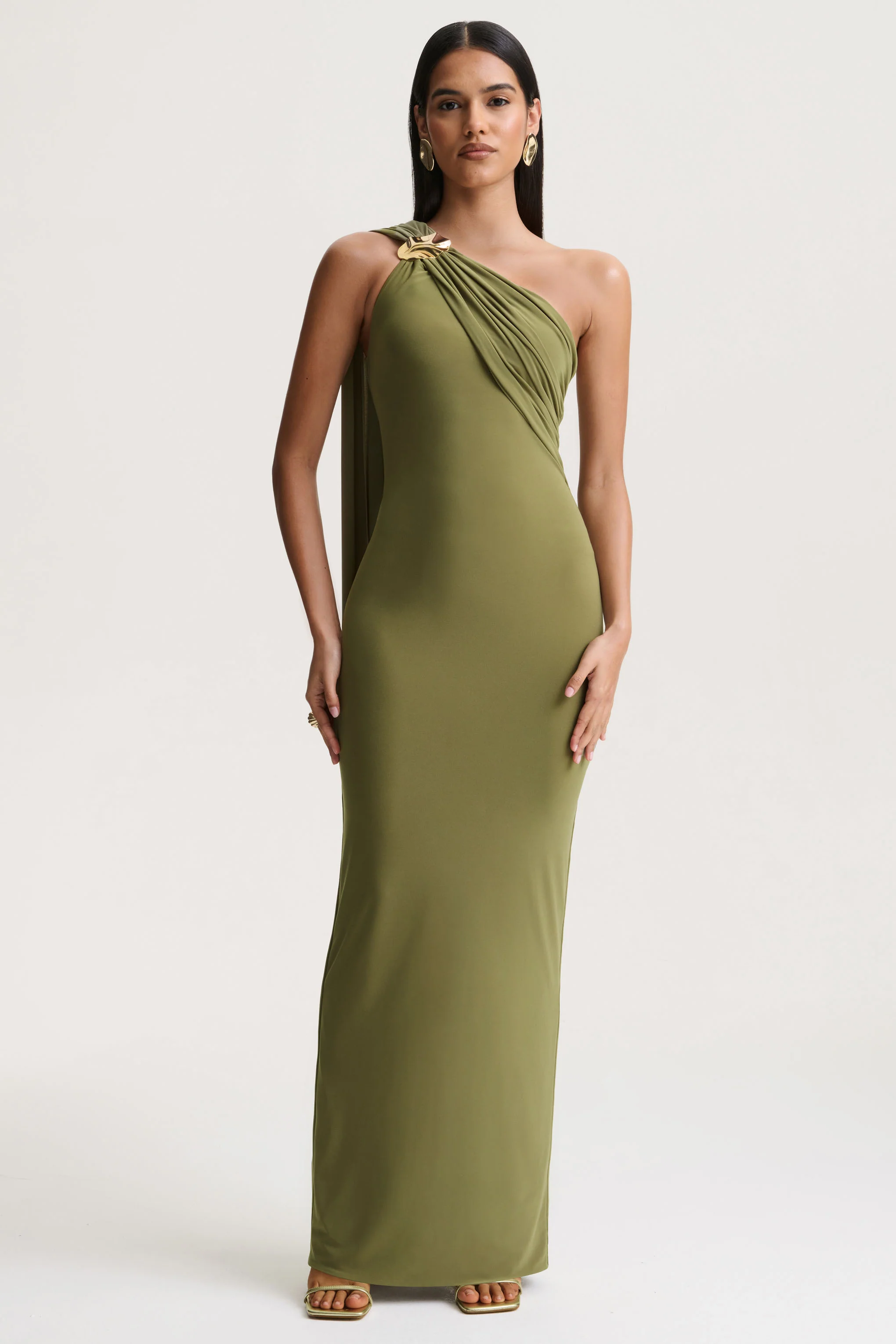 Mandy | Olive Asymmetric-Neck Maxi Dress With Gold-Detail