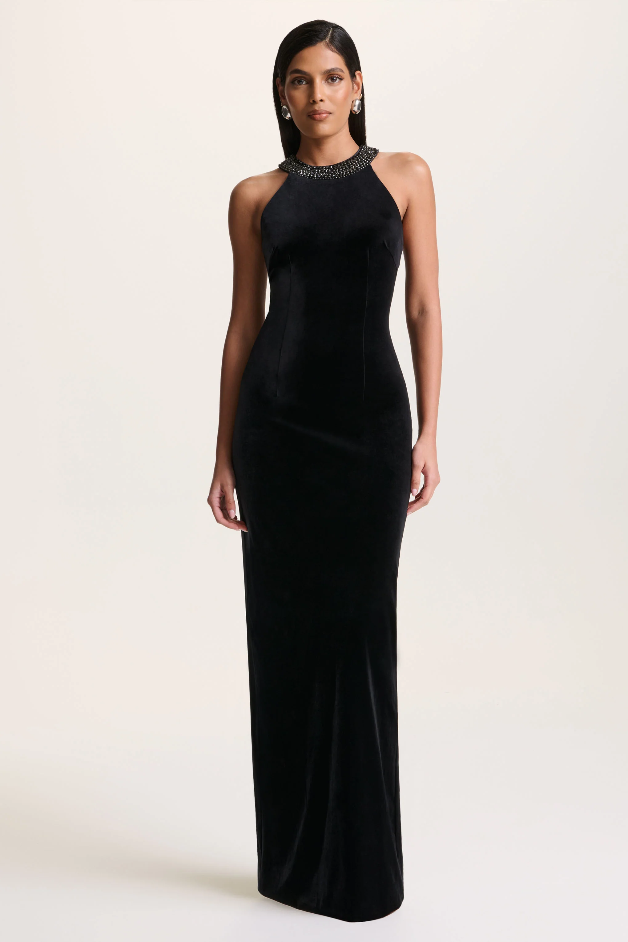 Darya | Black Velvet Embellished High-Neck Maxi Dress