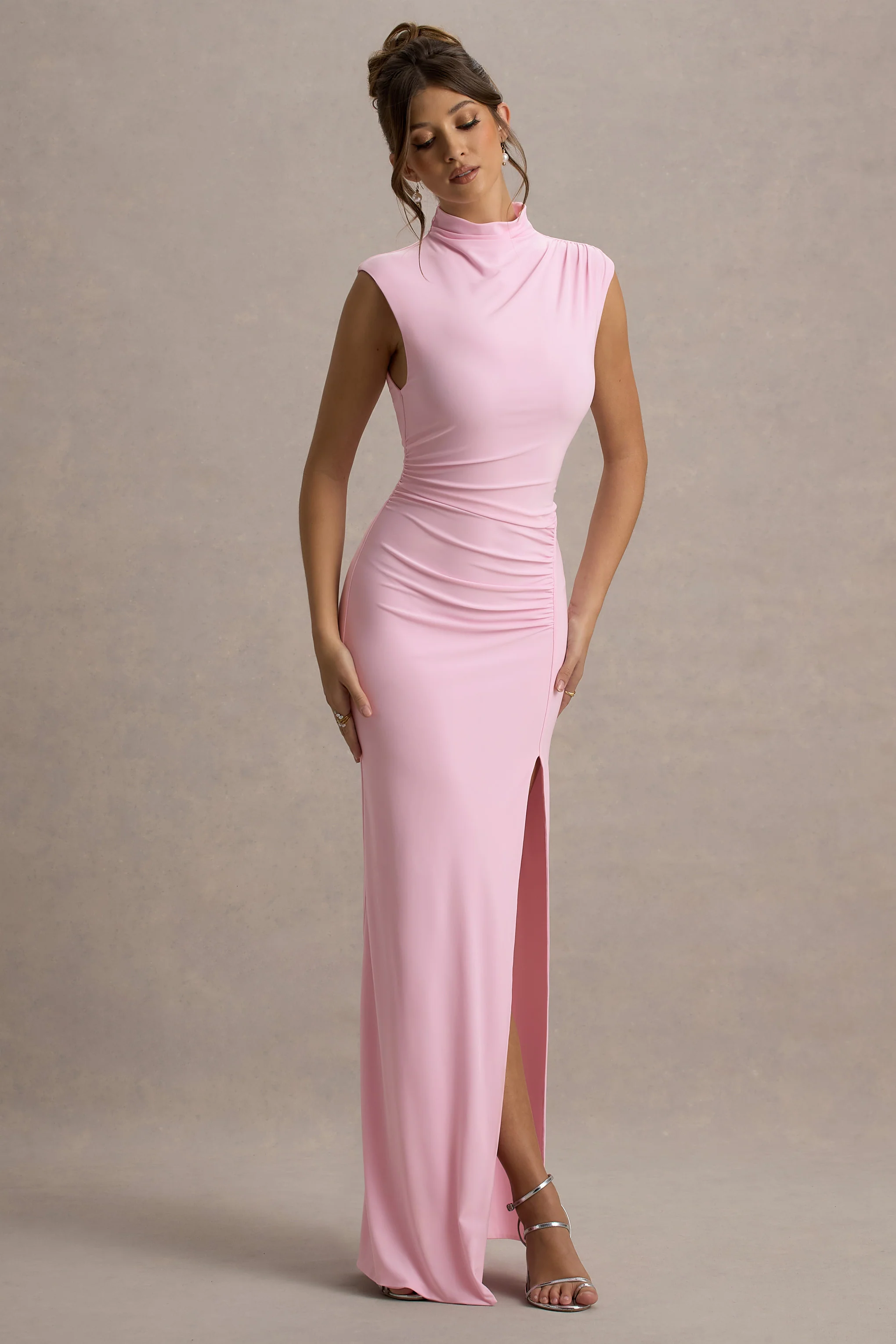 Lanetta | Pink Ruched High-Neck Maxi Dress With Split