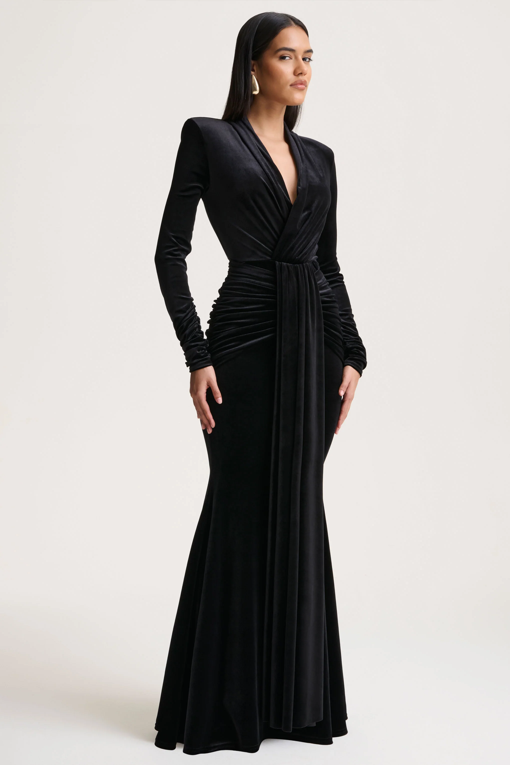 Halima | Black Velvet Plunge-Neck Maxi Dress With Gathered Detailing