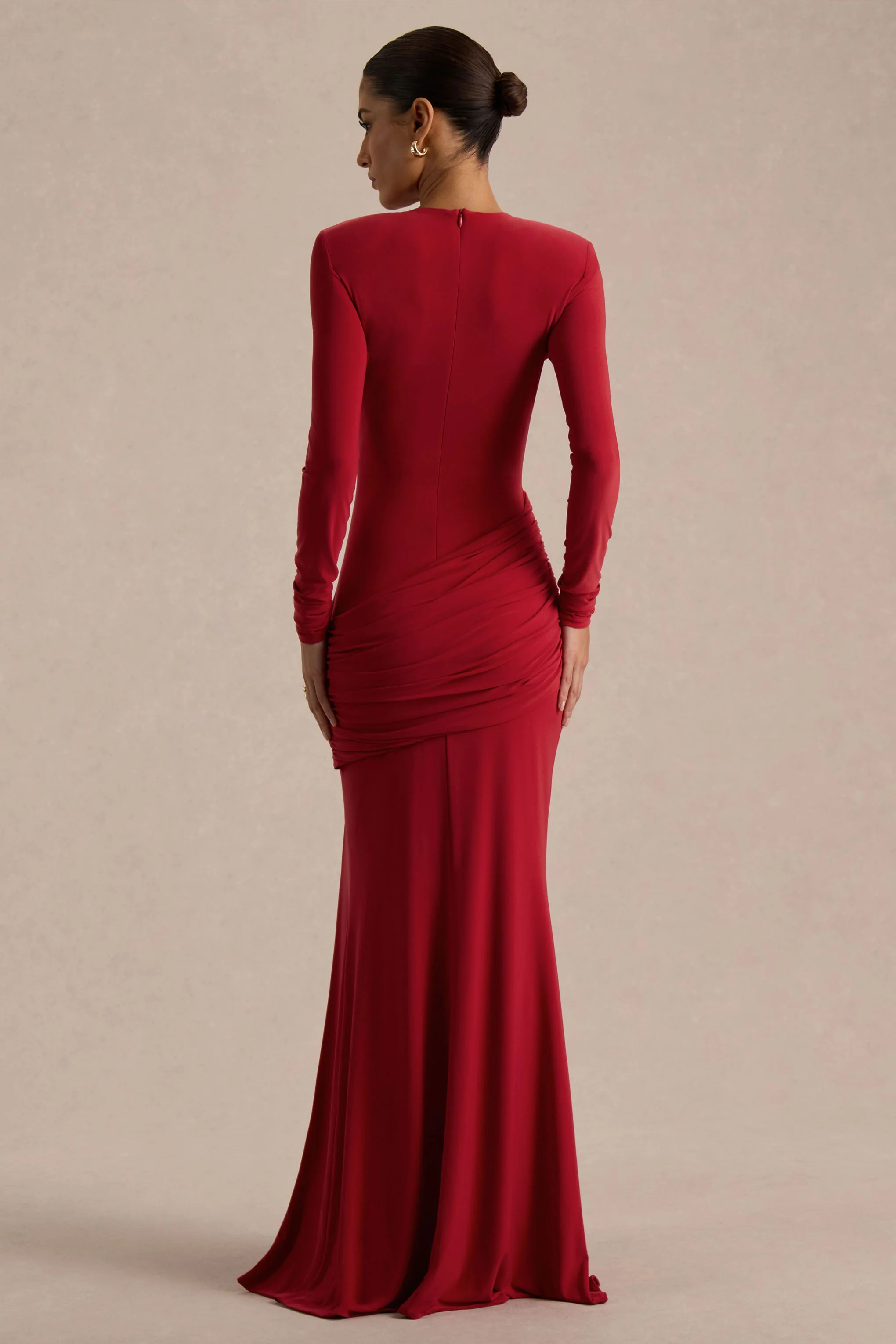 Liora | Red Crew-Neck Maxi Dress With Front-High Split
